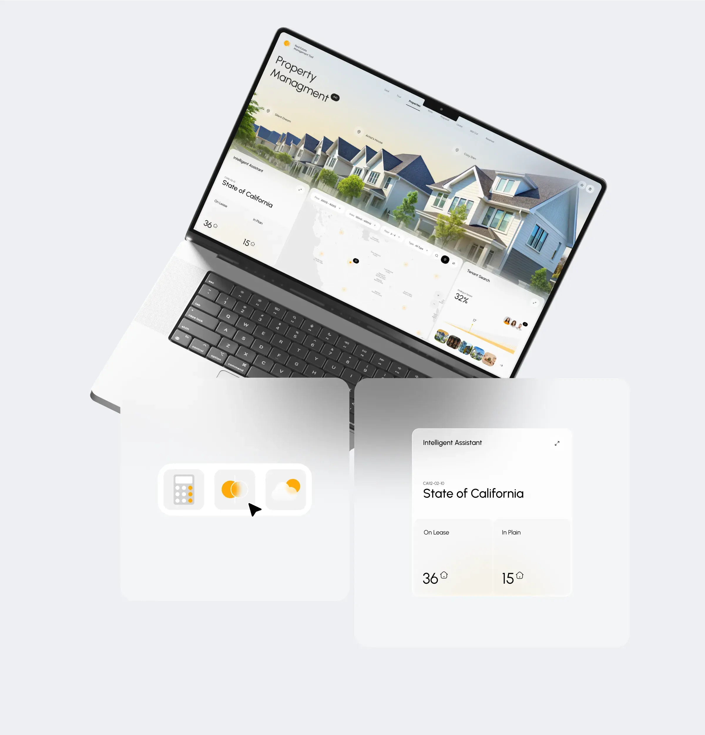 Screenshot showing the user interface of the real estate management SaaS web application on a tablet. Screenshot showing the user interface of the real estate management SaaS web application on a tablet.