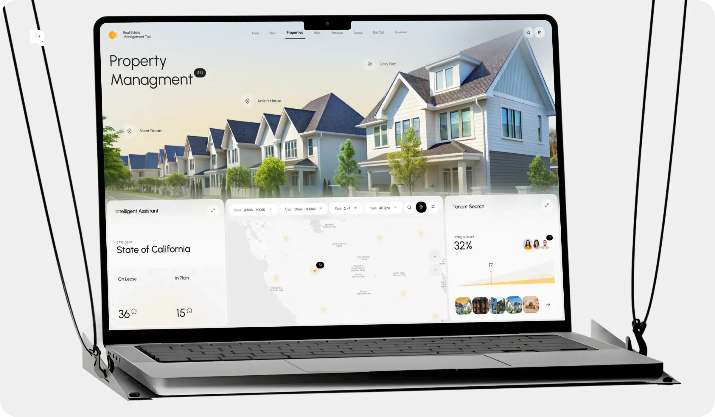 Screenshot: UX/UI design of a real estate SAAS management web application interface.