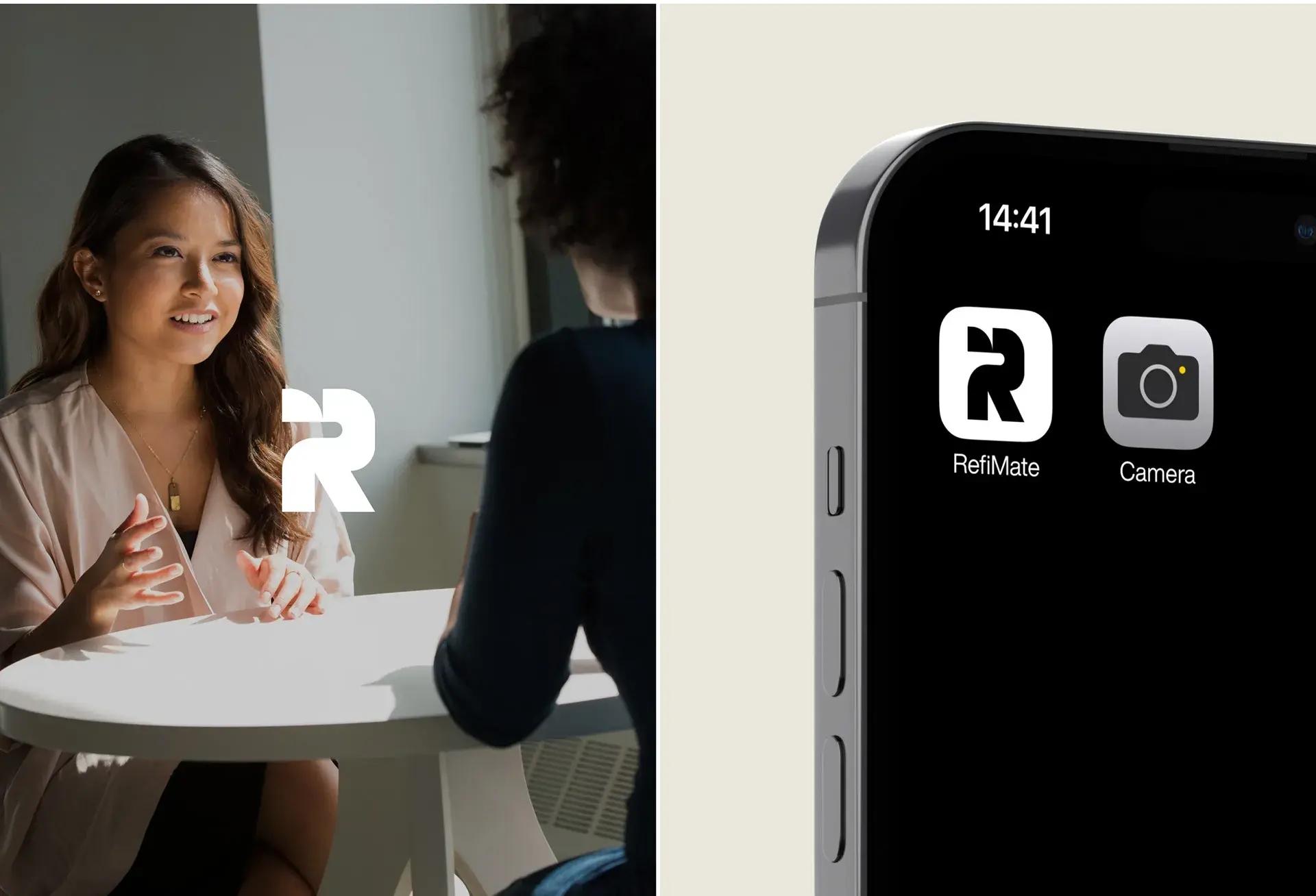 A mobile phone displays the RefiMate finance app camera screen with people visible. A mobile phone displays the RefiMate finance app camera screen with people visible.