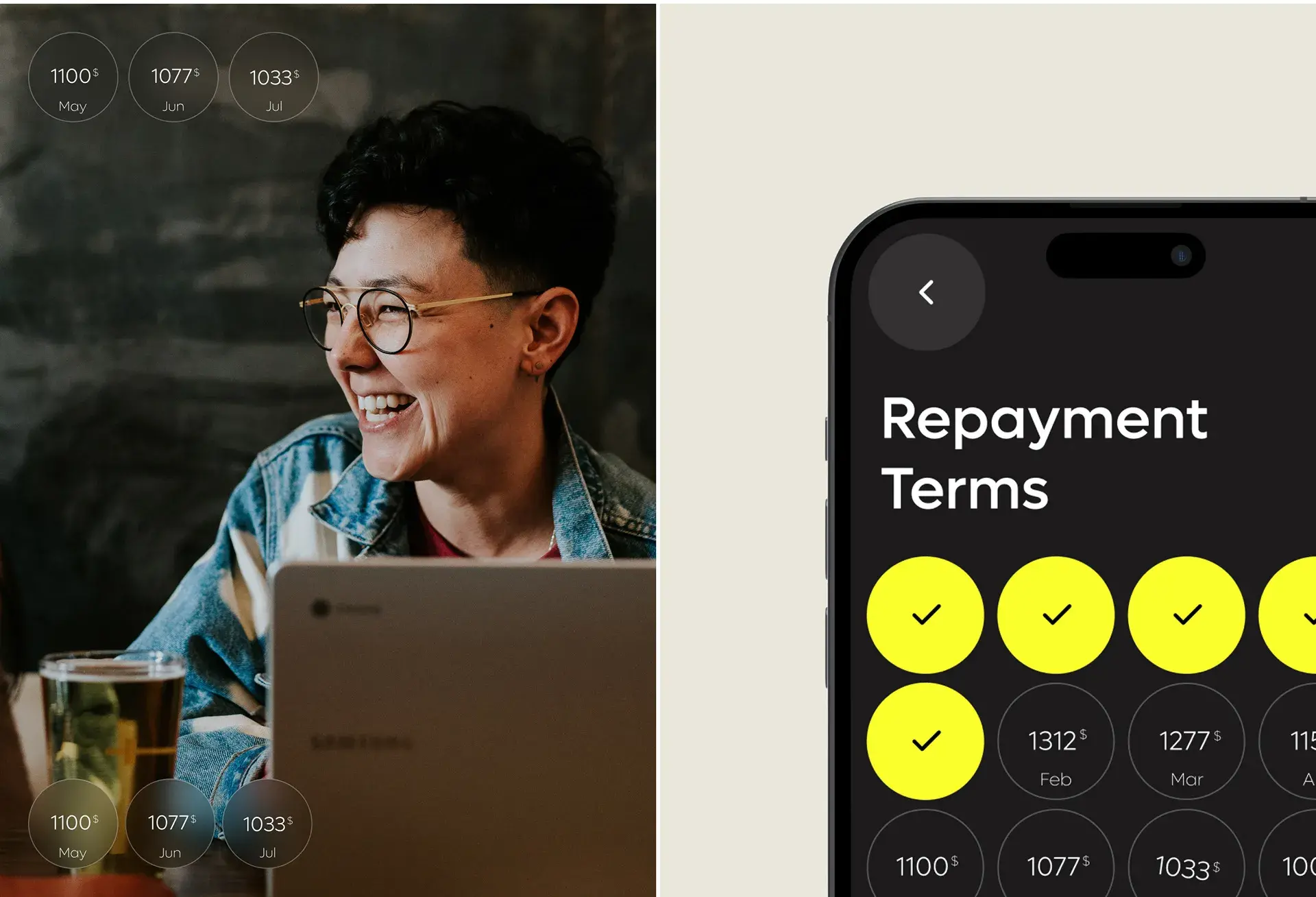 Screenshot of a mobile finance app interface showing financial data including numbers, months, and repayment terms. Screenshot of a mobile finance app interface showing financial data including numbers, months, and repayment terms.