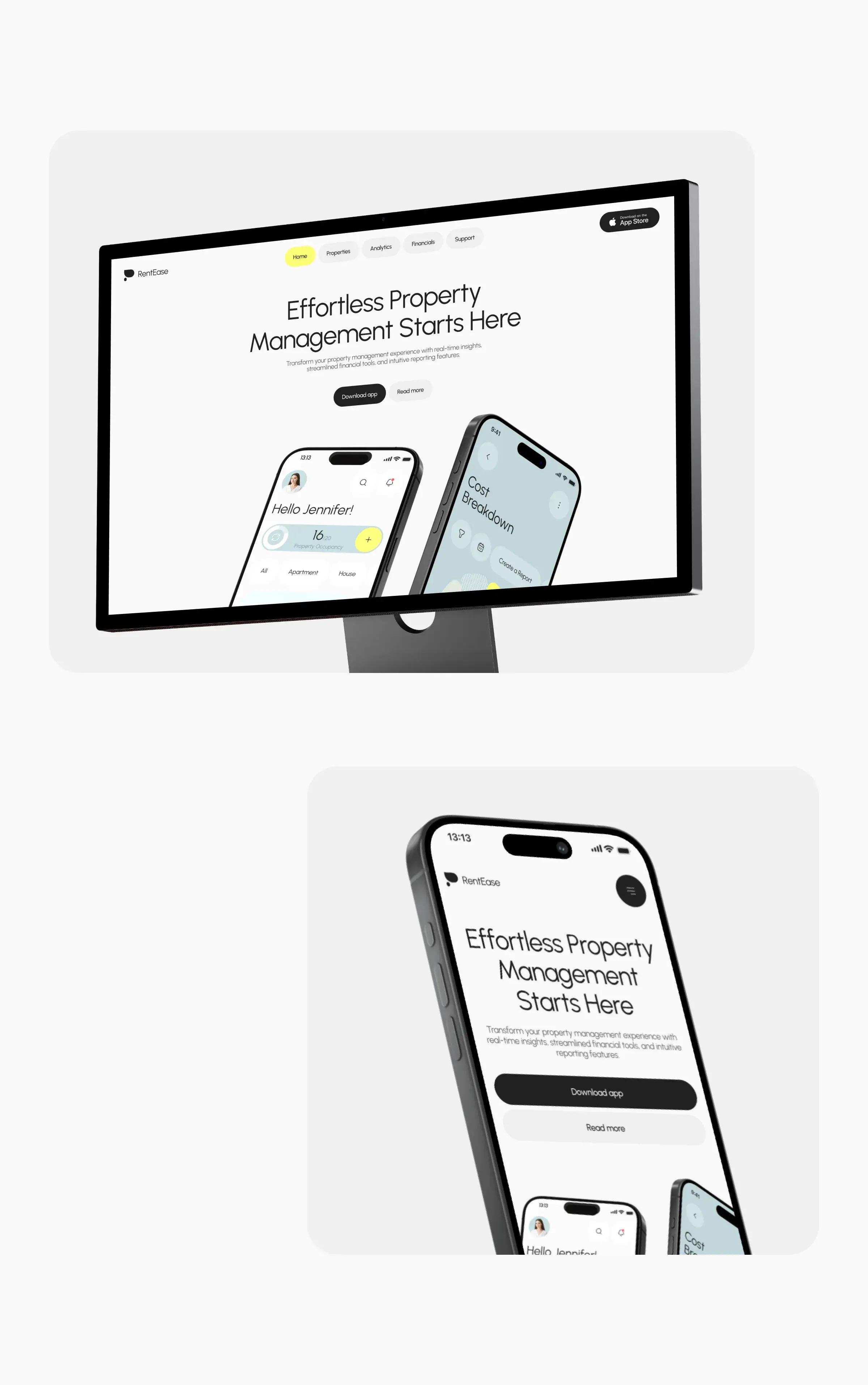 Screenshot of the RentEase property management SaaS mobile app interface. Screenshot of the RentEase property management SaaS mobile app interface.