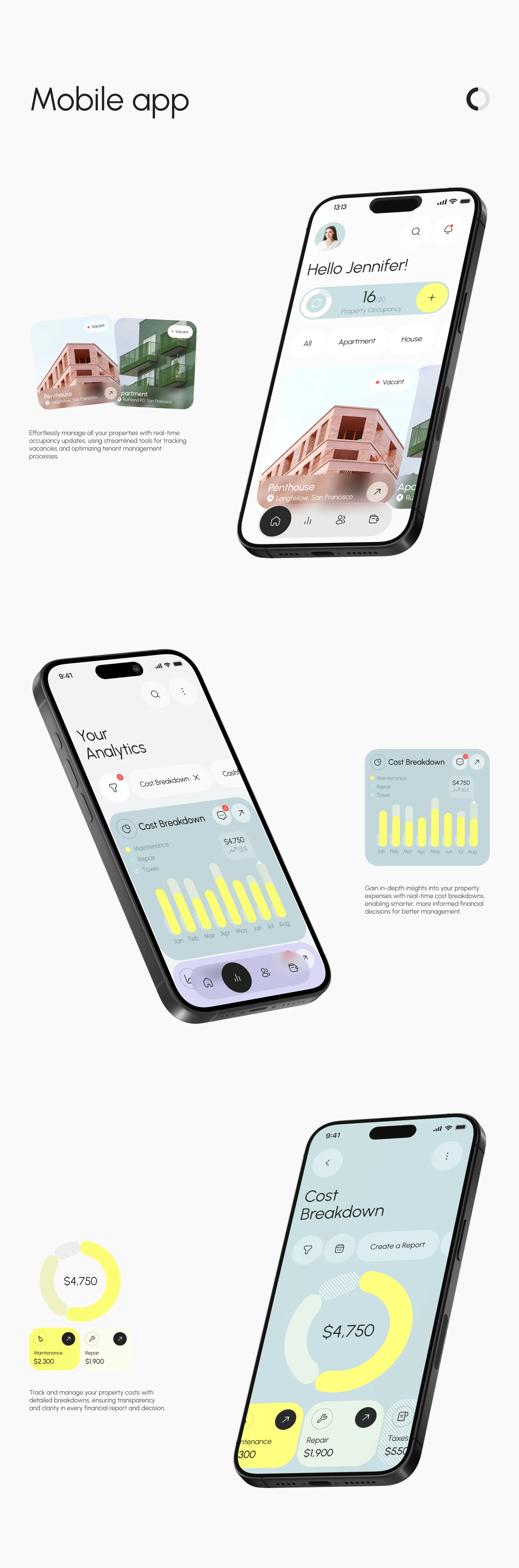 Screenshot of the RentEase property management mobile app UI/UX. Screenshot of the RentEase property management mobile app UI/UX.