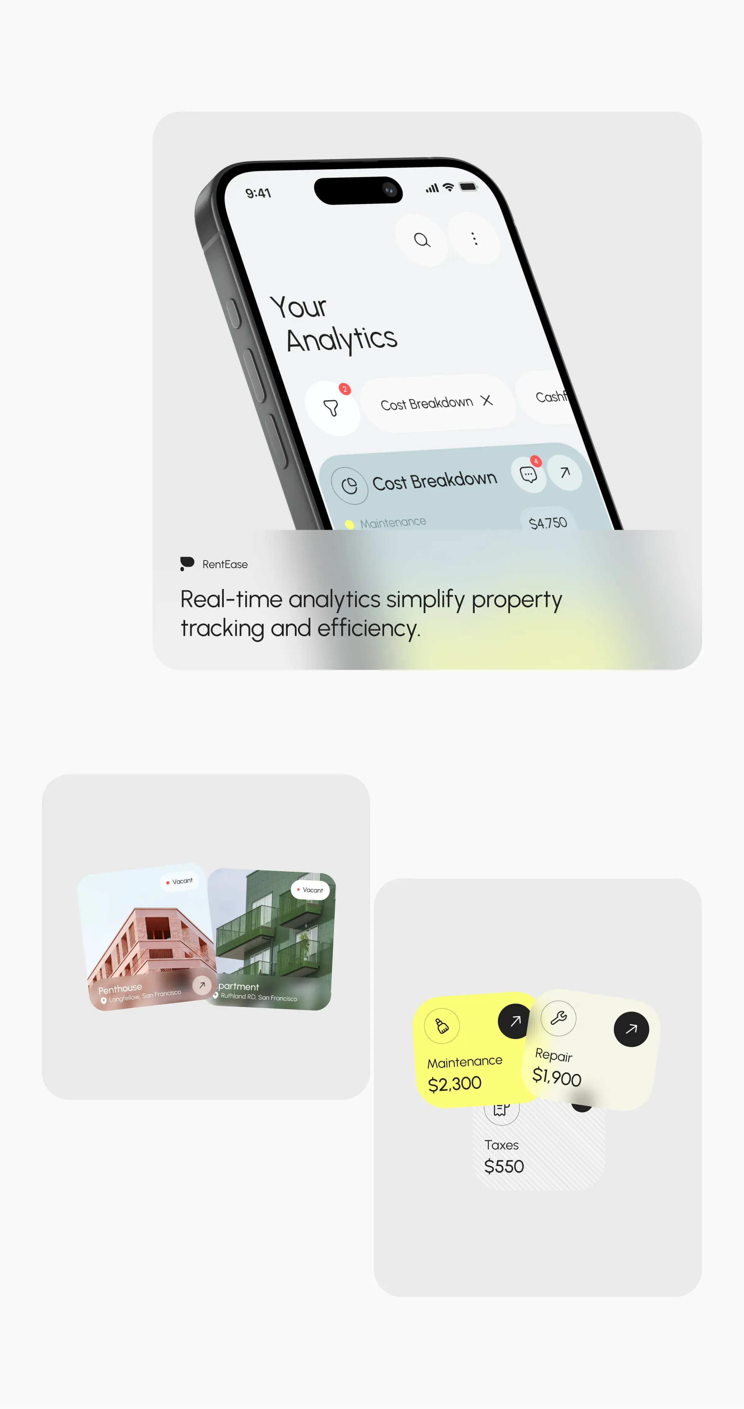 Screenshot of the Rentease property management mobile app UI. Screenshot of the Rentease property management mobile app UI.