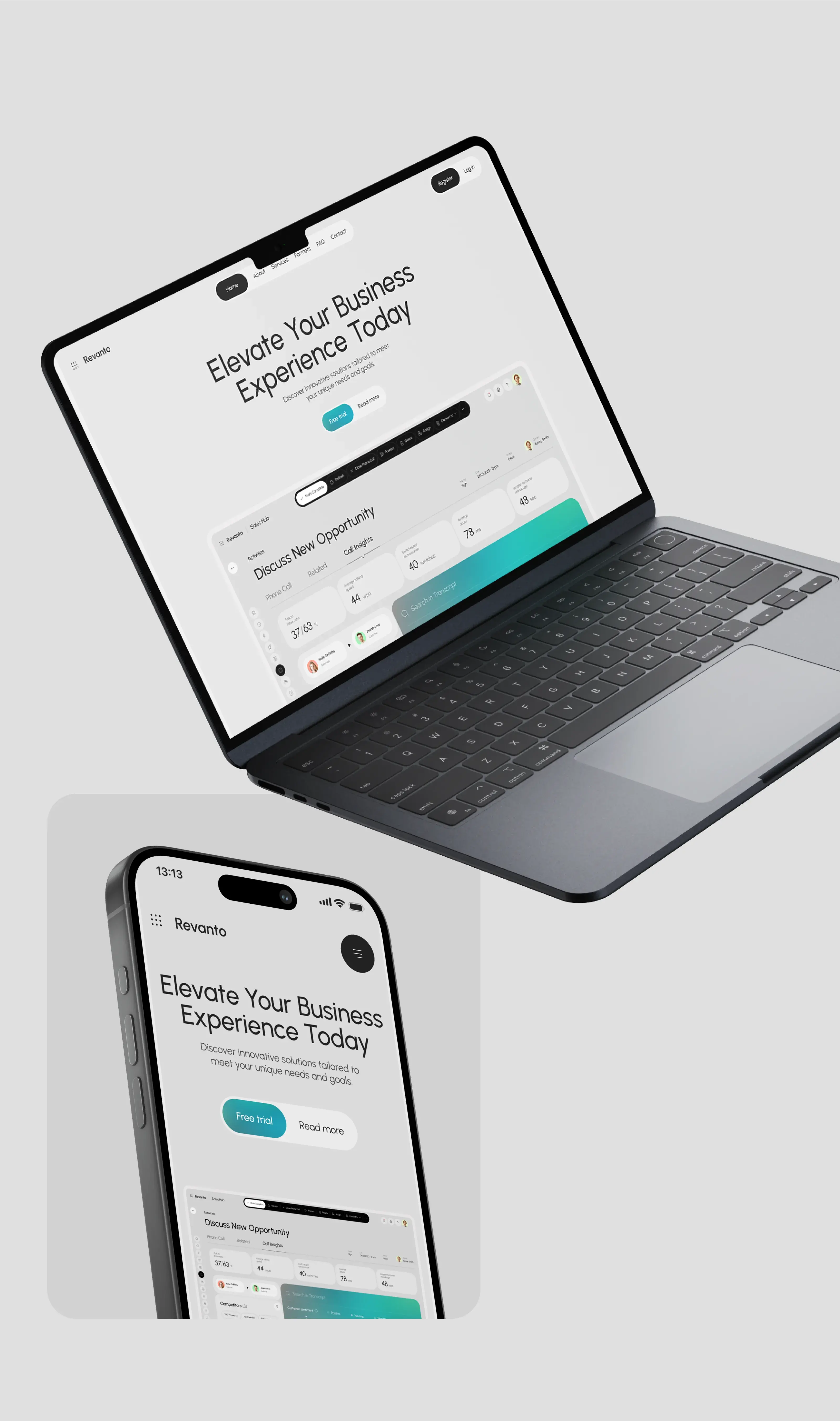 Screenshot of Revanto Sales SaaS CRM UI design displayed on laptop and mobile devices. Screenshot of Revanto Sales SaaS CRM UI design displayed on laptop and mobile devices.
