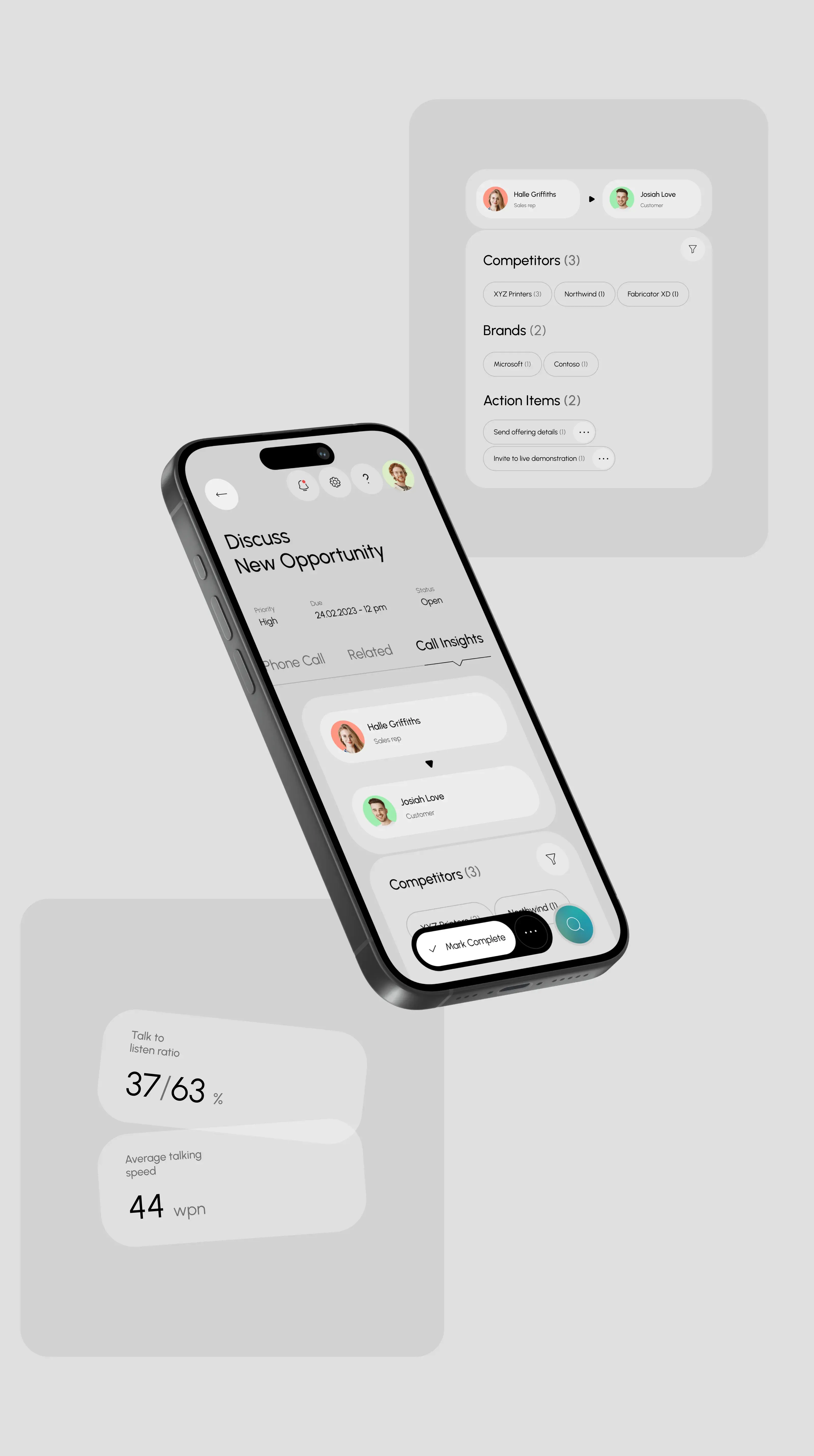 Mobile UI design for the Revanto Sales CRM app shown on an iPhone. Mobile UI design for the Revanto Sales CRM app shown on an iPhone.