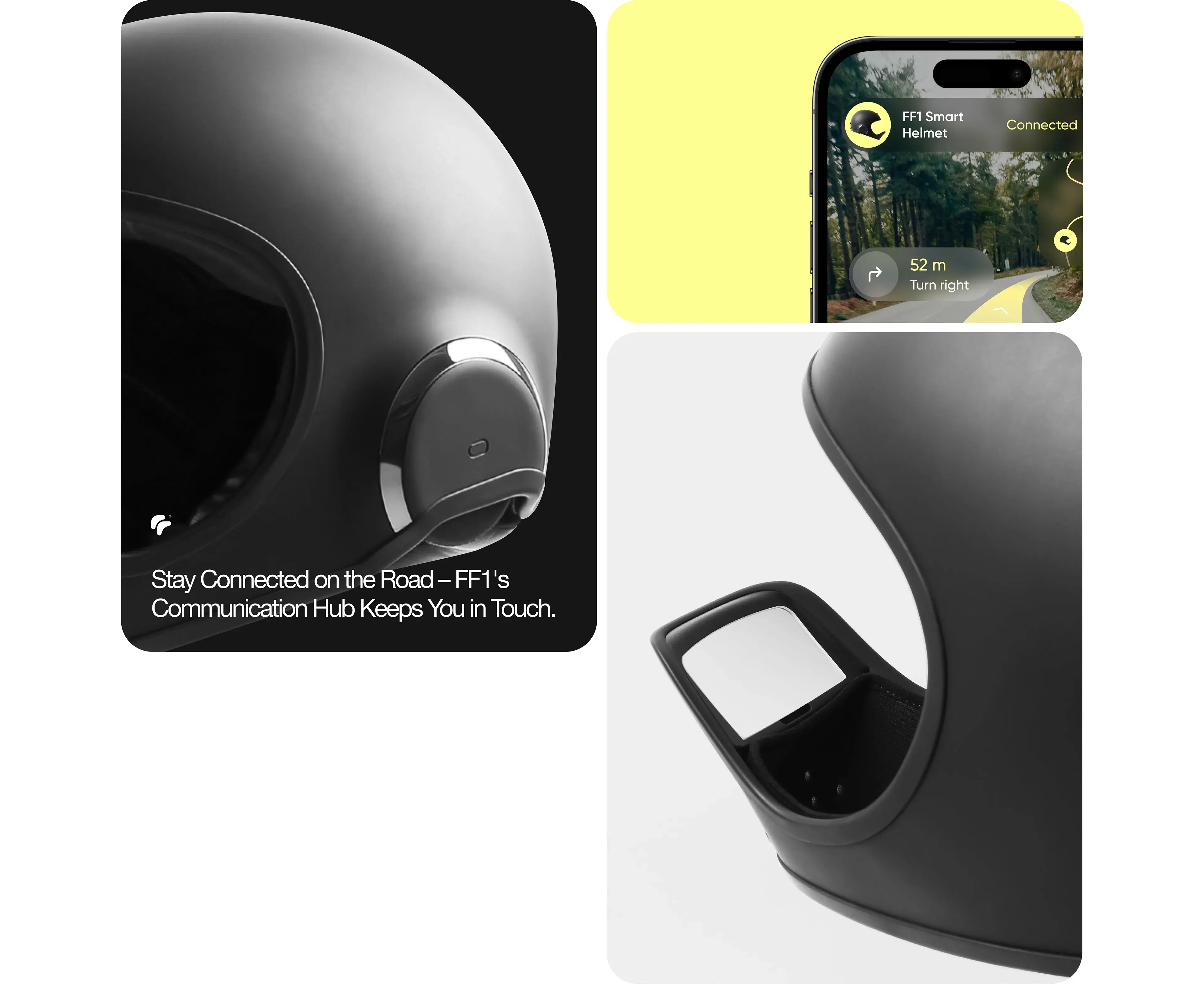 Smartphone screen showing connectivity for an FF1 Smart Helmet communication hub for staying connected on the road. Smartphone screen showing connectivity for an FF1 Smart Helmet communication hub for staying connected on the road.