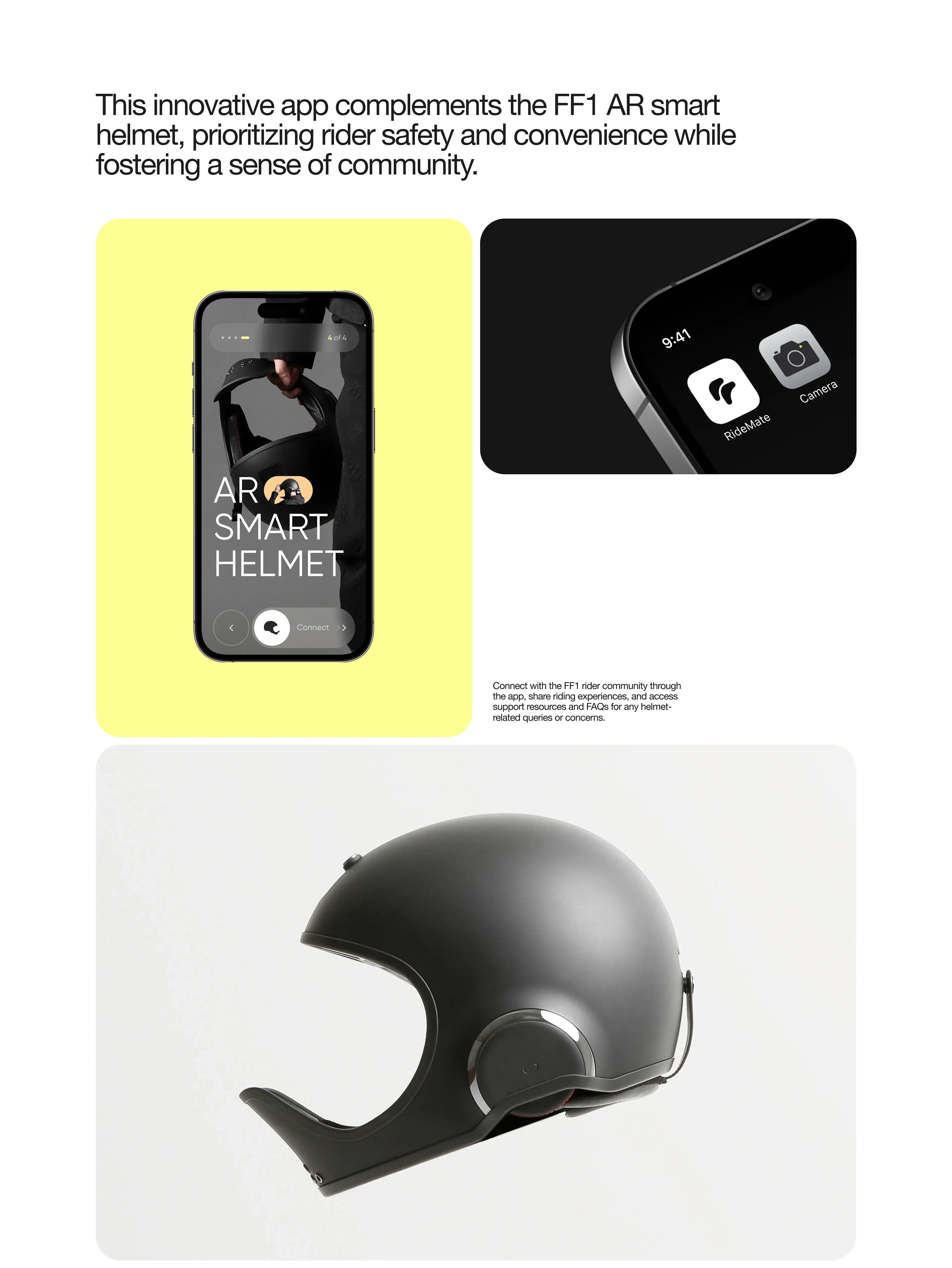 Screenshot of the ridemate mobile app interface on a phone next to a motorcycle helmet. Screenshot of the ridemate mobile app interface on a phone next to a motorcycle helmet.
