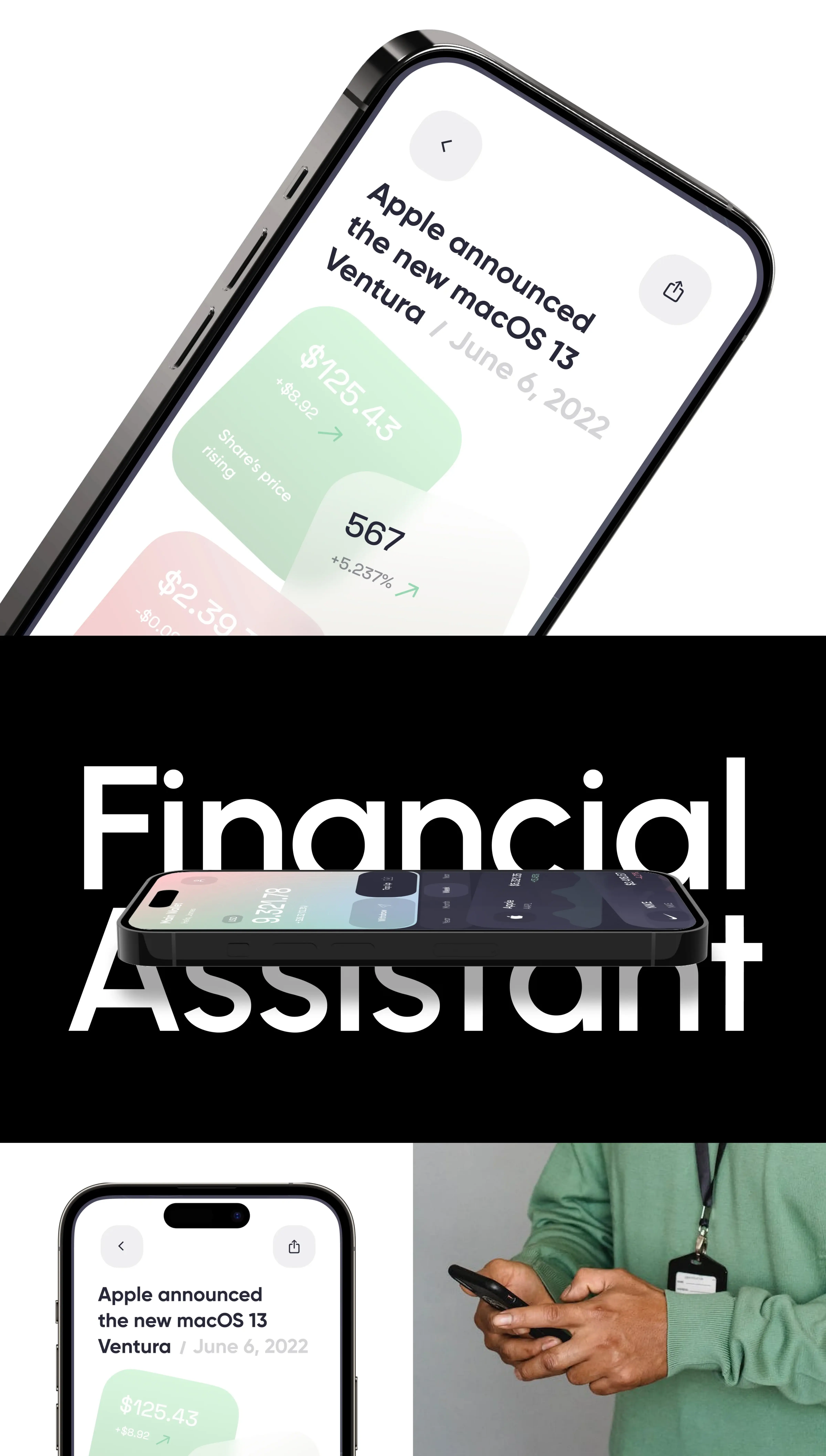 Person holding a mobile phone displaying a financial assistant app for securities. Person holding a mobile phone displaying a financial assistant app for securities.