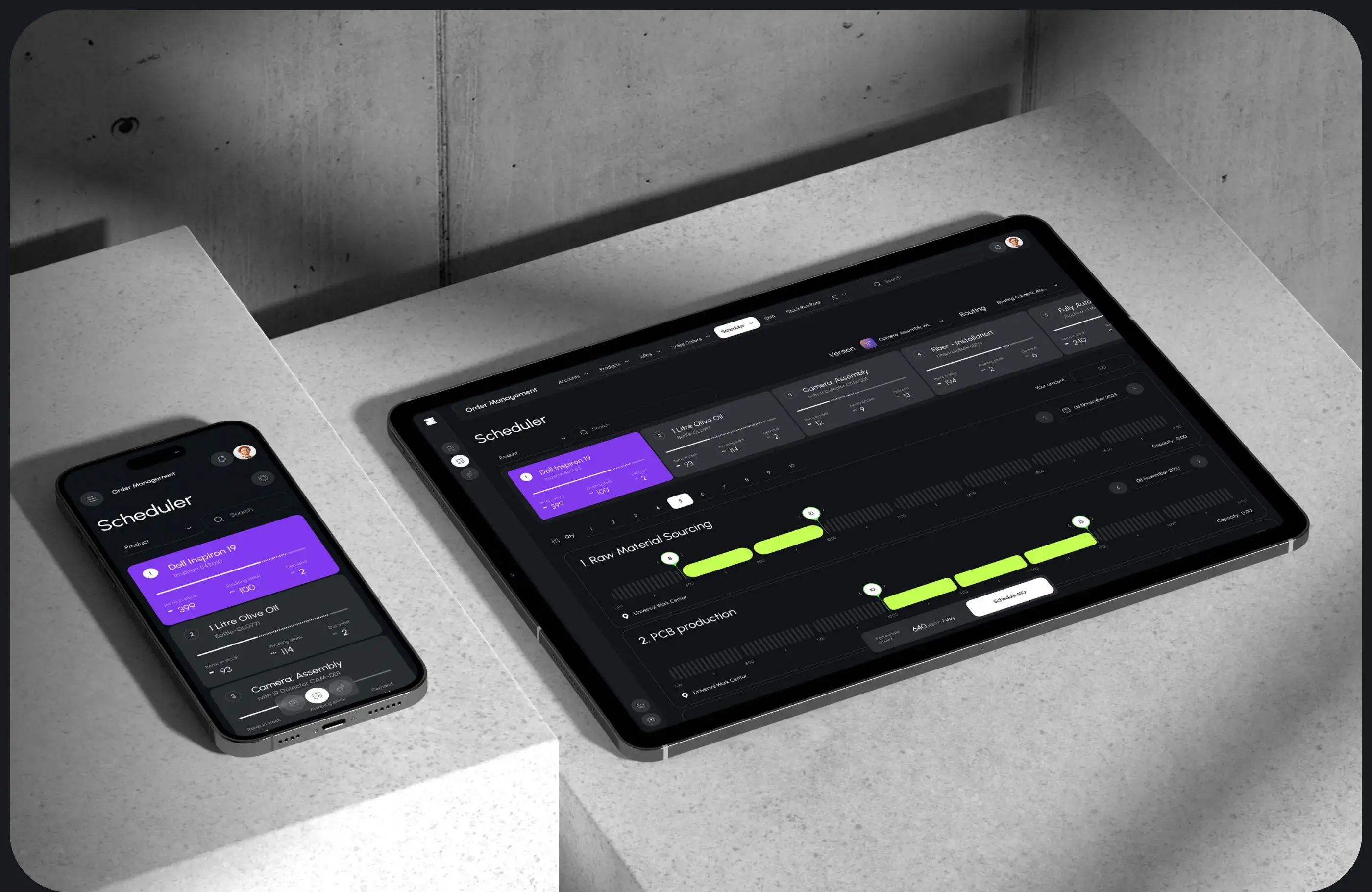 UI design for an AI CRM scheduler displayed on mobile and tablet. UI design for an AI CRM scheduler displayed on mobile and tablet.
