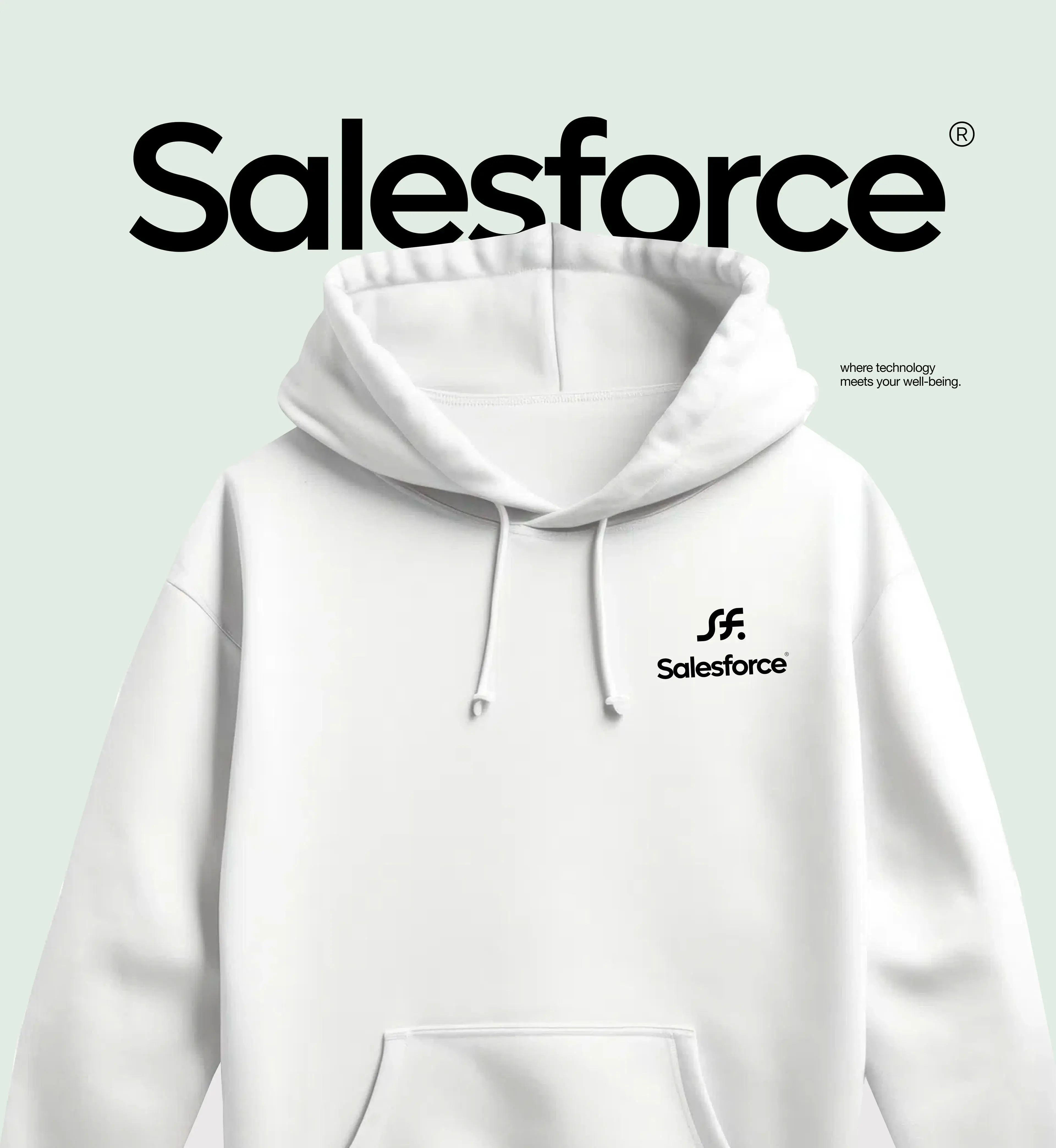 White Salesforce branded outerwear displaying logo and text: 'Salesforce where technology meets your well-being'. White Salesforce branded outerwear displaying logo and text: 'Salesforce where technology meets your well-being'.