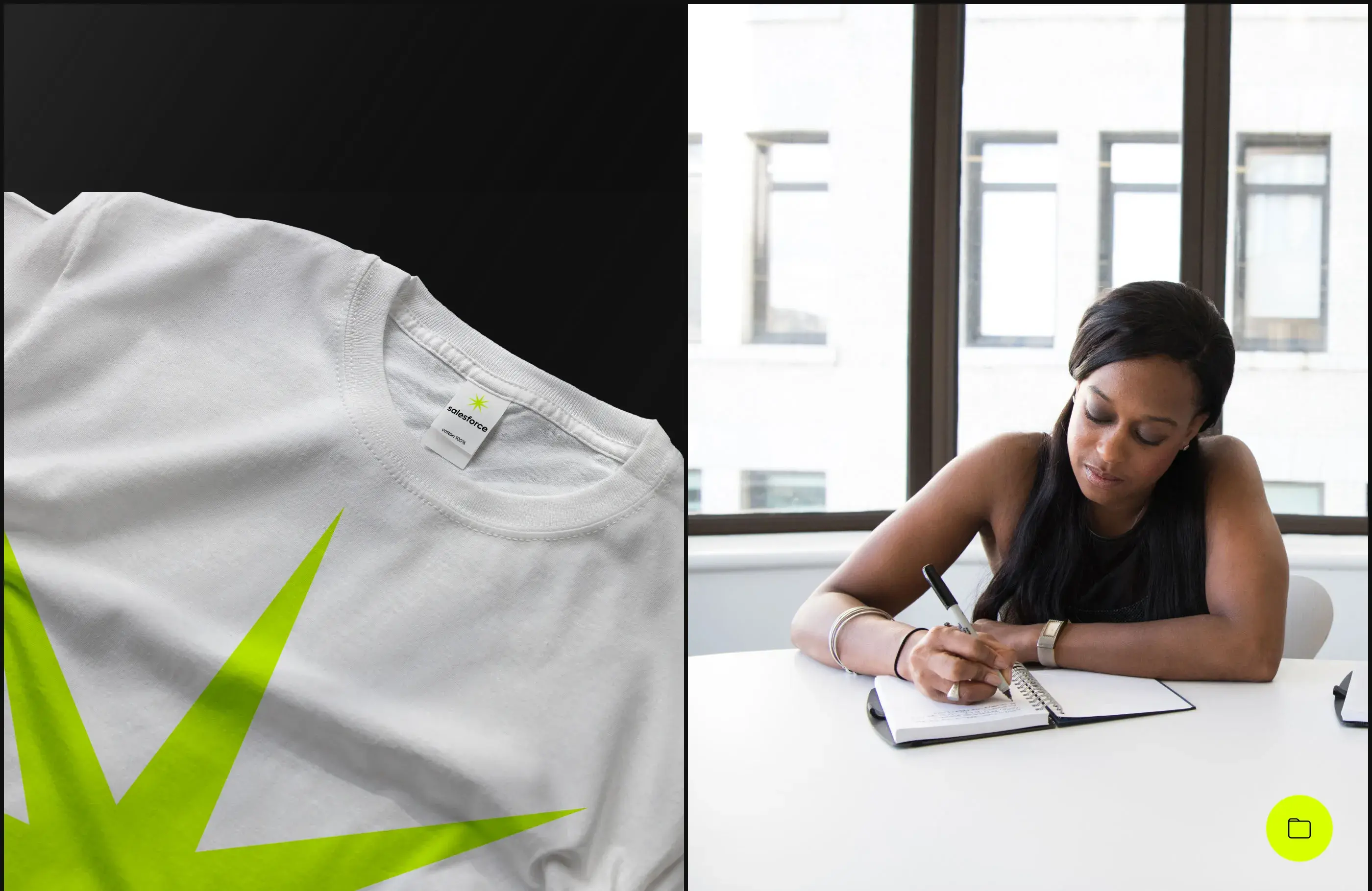 Photo of a woman in Salesforce branded clothing, possibly from a user interview. Photo of a woman in Salesforce branded clothing, possibly from a user interview.