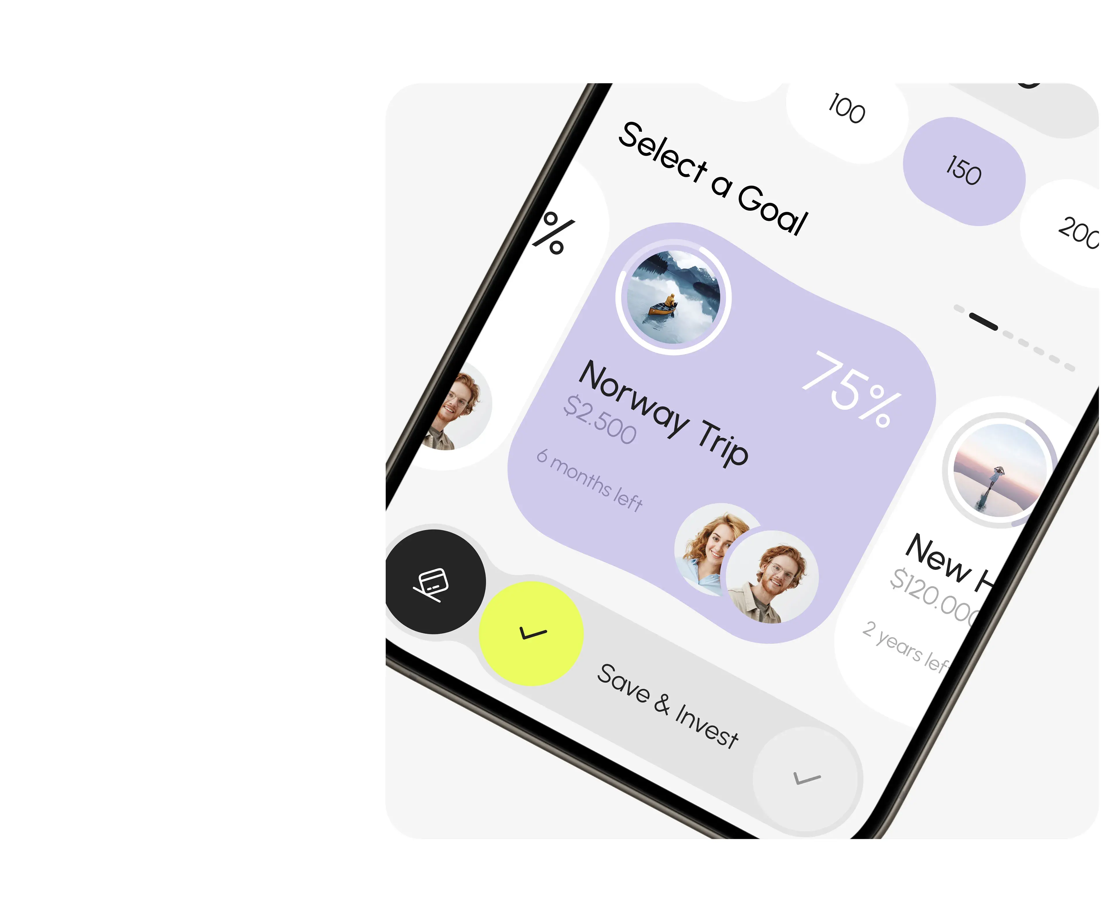 Screenshot of a financial mobile app interface showing specific goals like a "Norway Trip" with progress, and save/invest features. Screenshot of a financial mobile app interface showing specific goals like a "Norway Trip" with progress, and save/invest features.