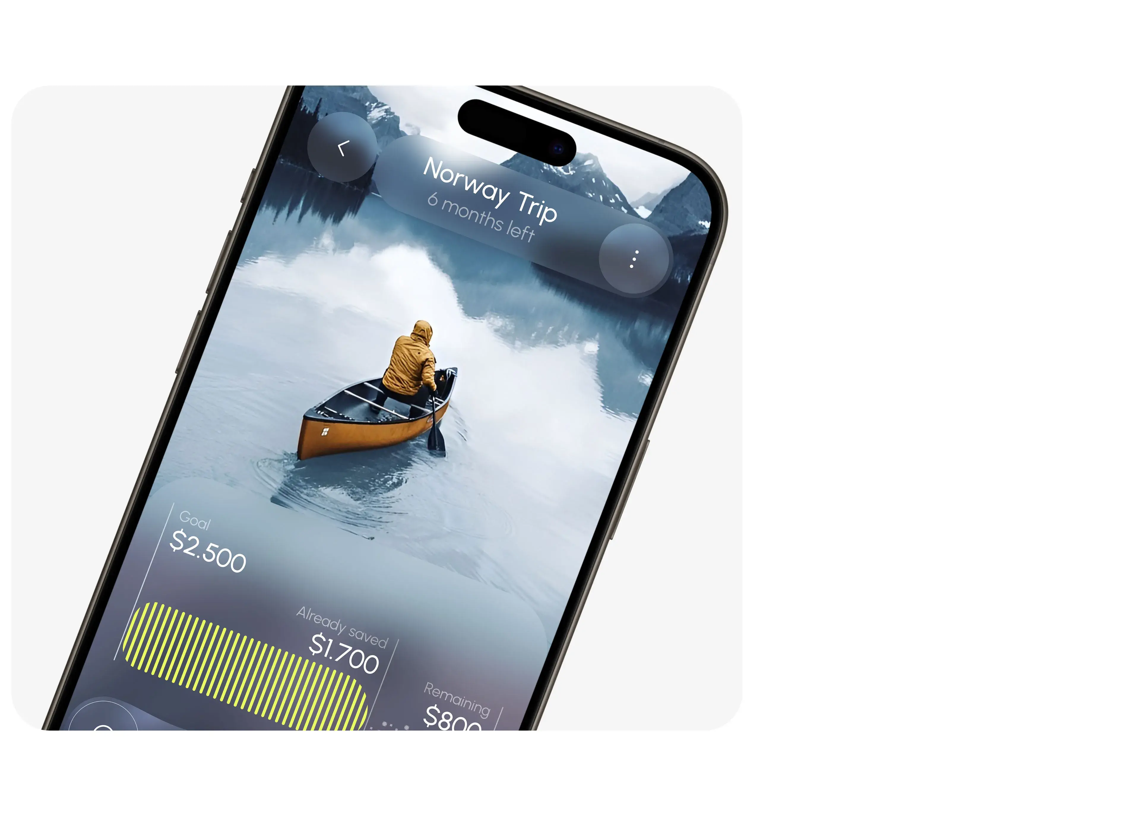 Screenshot of a mobile finance app's UI on a phone, showing a $2,500 Norway Trip savings goal with $1,700 saved. Screenshot of a mobile finance app's UI on a phone, showing a $2,500 Norway Trip savings goal with $1,700 saved.