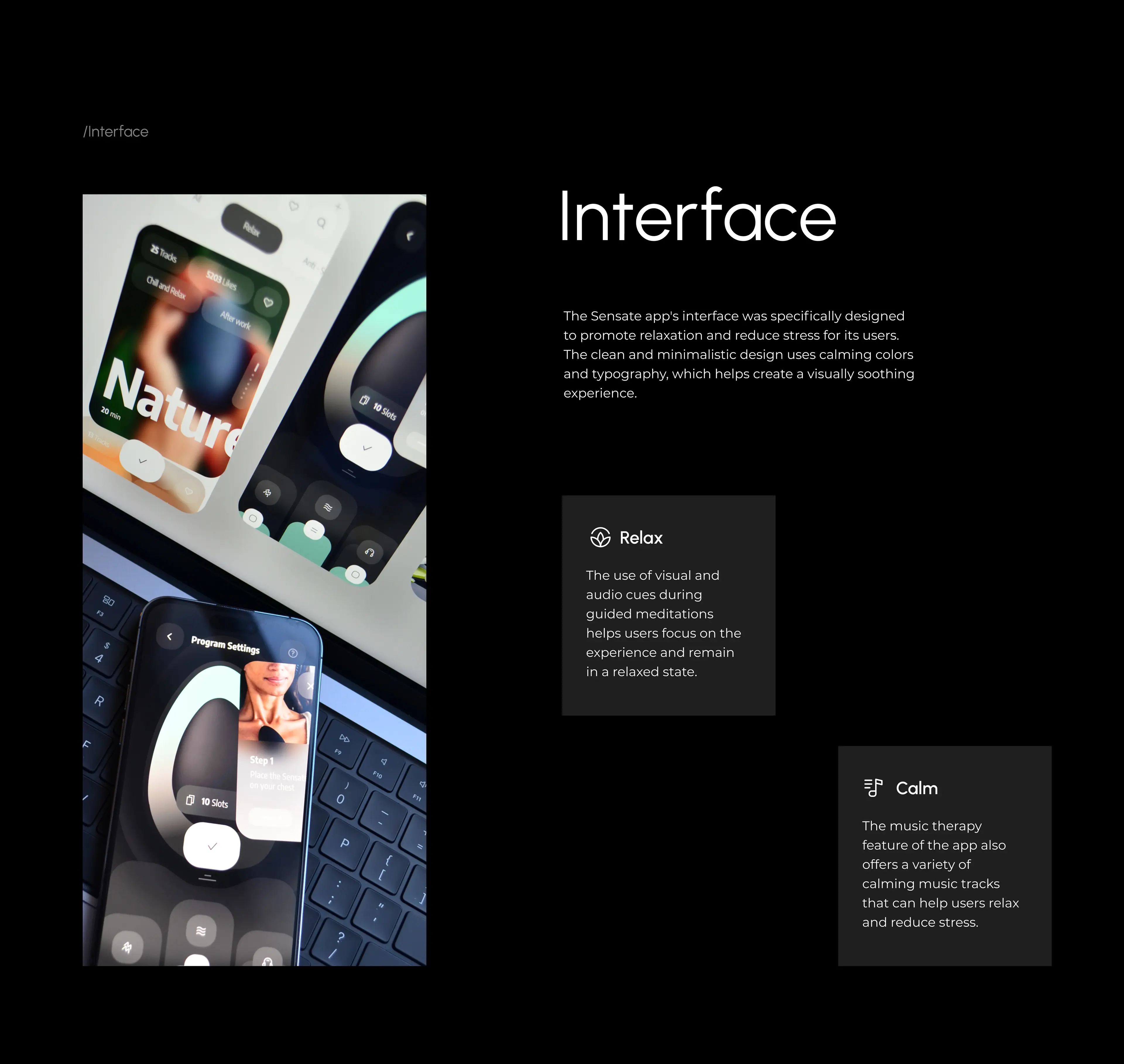 UX/UI design for the Sensates mobile app shown on a laptop and phone. UX/UI design for the Sensates mobile app shown on a laptop and phone.