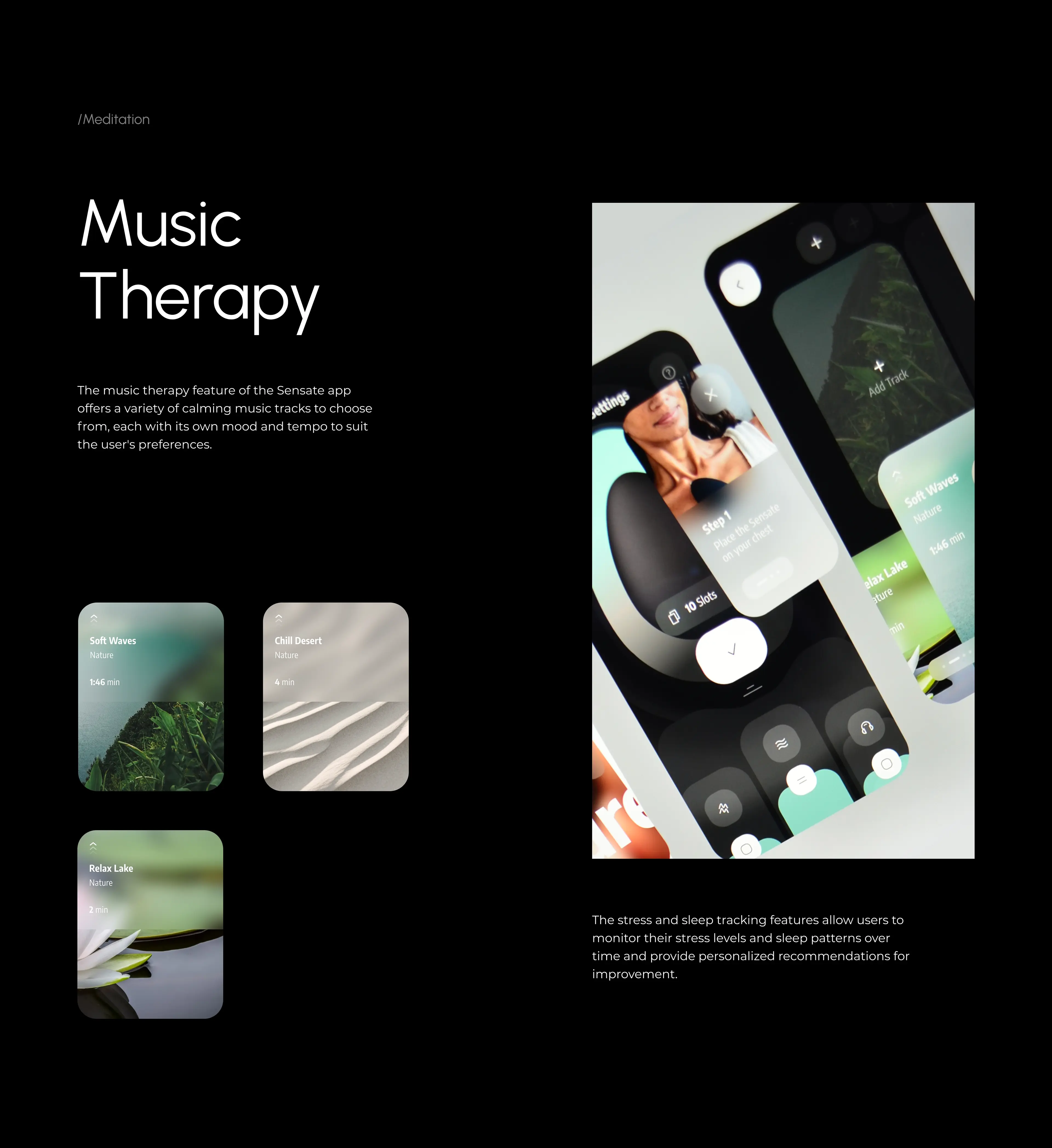 Mobile phone displaying the user interface for the Sensate wearable stress relief device. Mobile phone displaying the user interface for the Sensate wearable stress relief device.