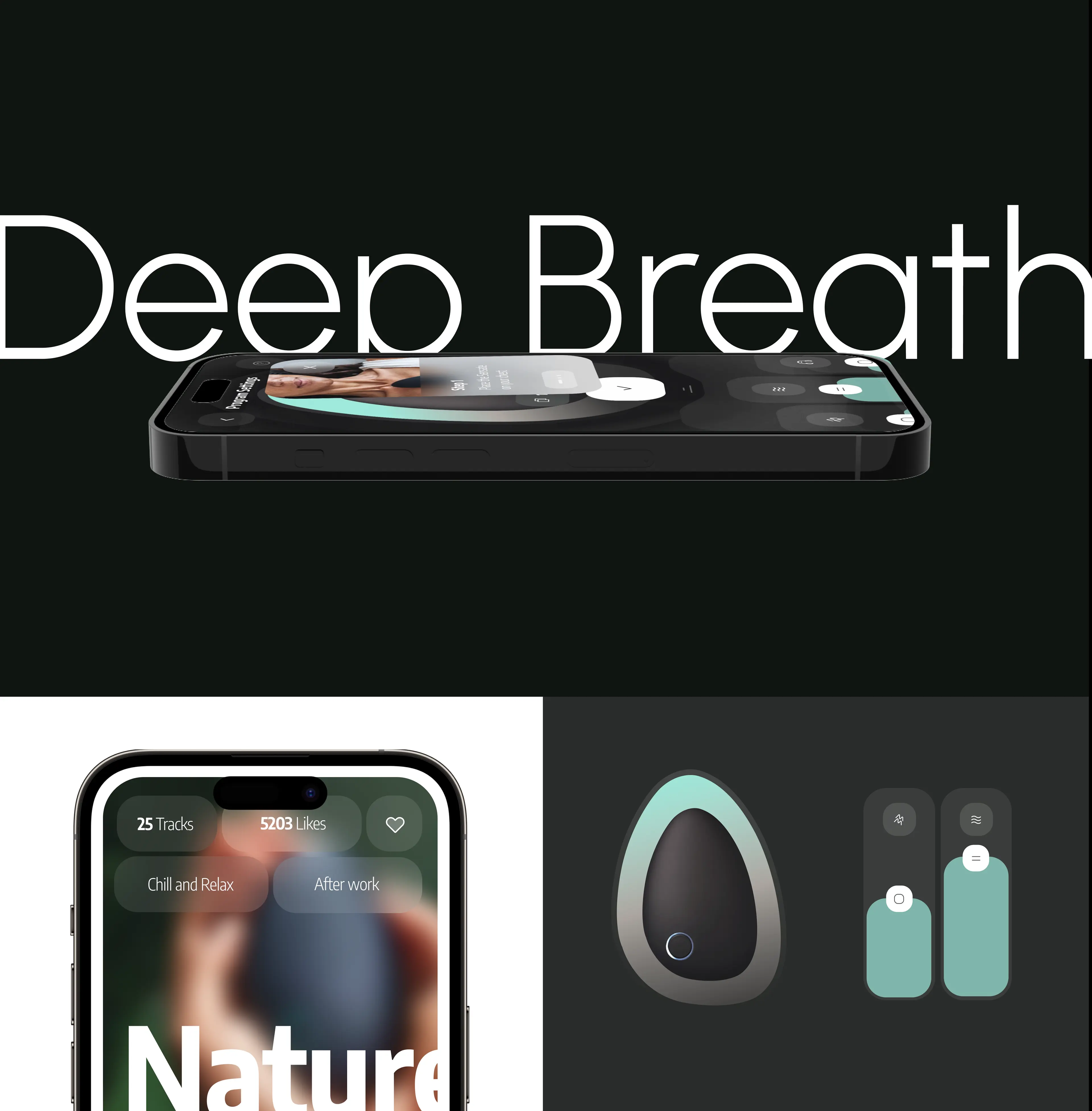 Screenshot of the Sensate mobile app interface, showing a 'Deep Breath Program' with track settings. Screenshot of the Sensate mobile app interface, showing a 'Deep Breath Program' with track settings.