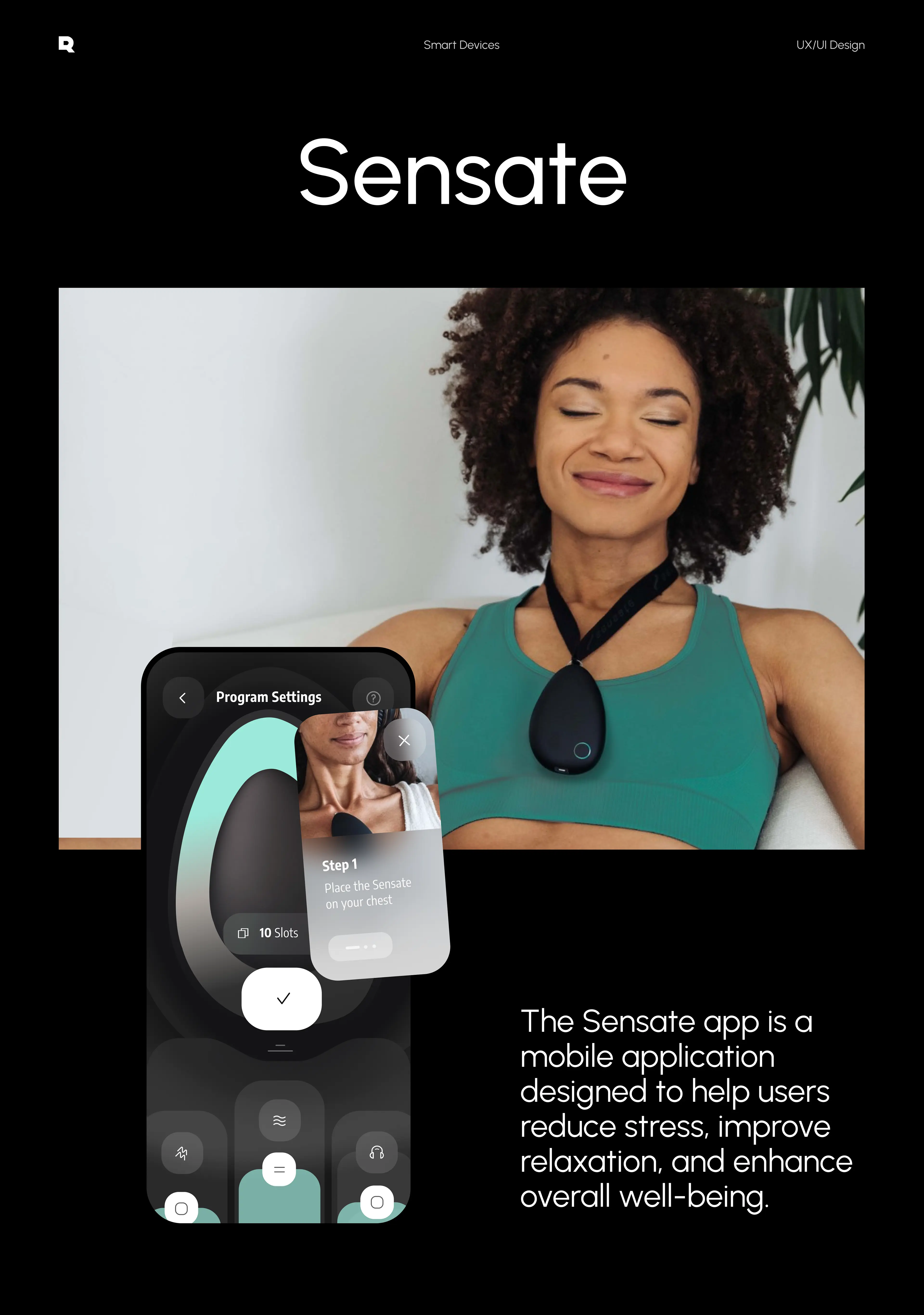 Screenshot of a person wearing the Sensate stress relief device, illustrating the UX/UI design of the companion mobile app.