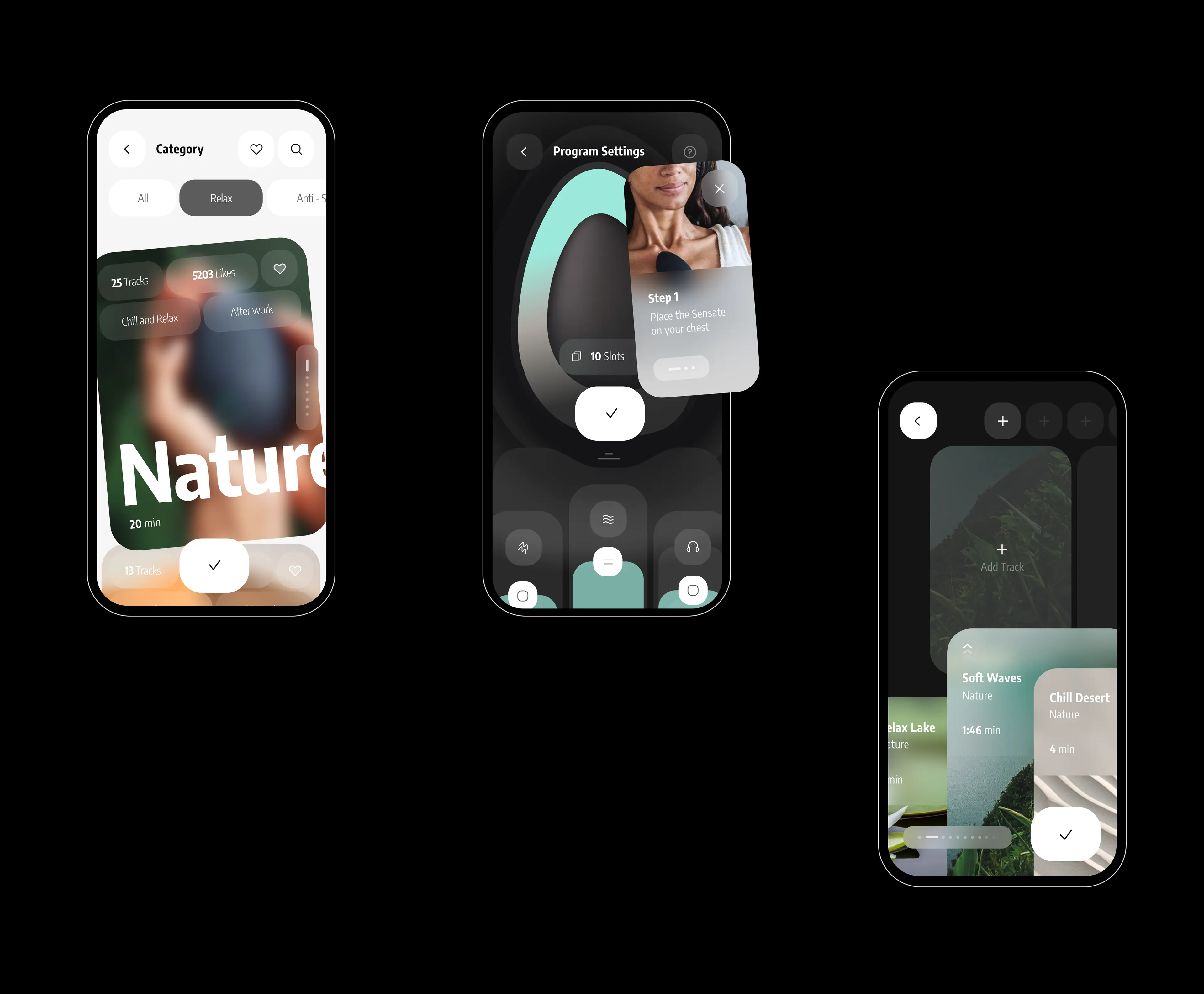 Screenshots of the Sensates stress relief mobile app UI. Screenshots of the Sensates stress relief mobile app UI.