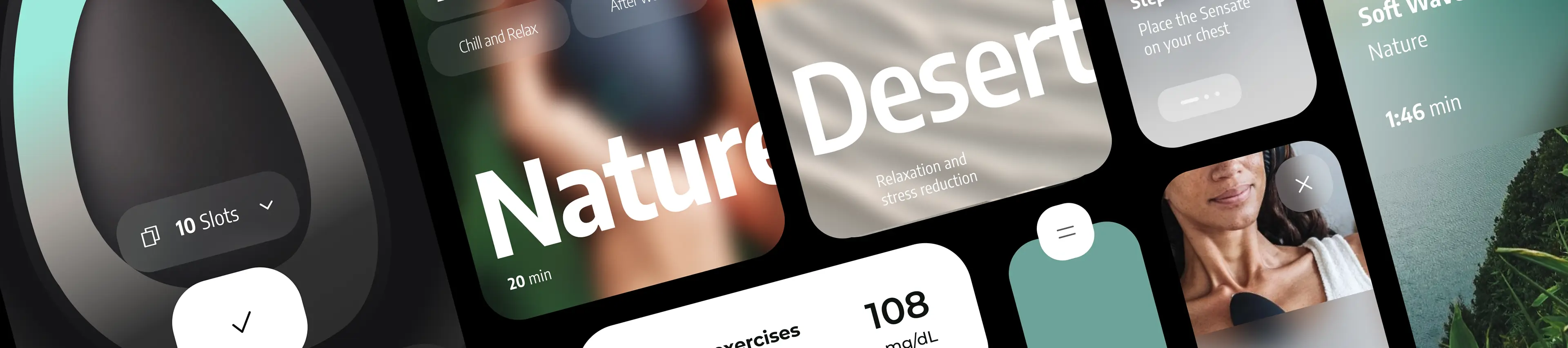 Two people interact with a smartphone displaying the Sensates stress relief app UI. Two people interact with a smartphone displaying the Sensates stress relief app UI.