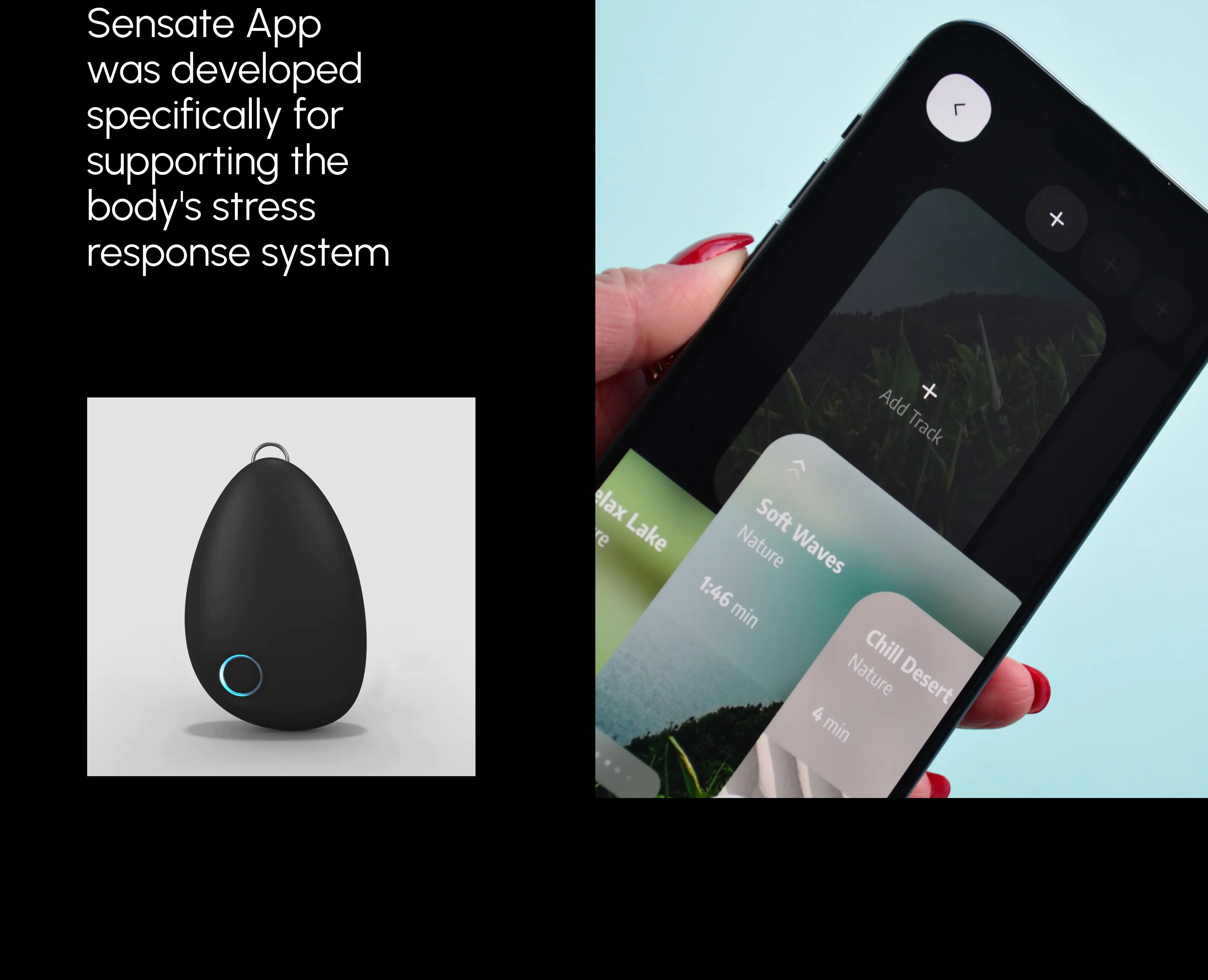 Screenshot of the UX/UI design for the Sensate wearable's stress relief mobile app. Screenshot of the UX/UI design for the Sensate wearable's stress relief mobile app.