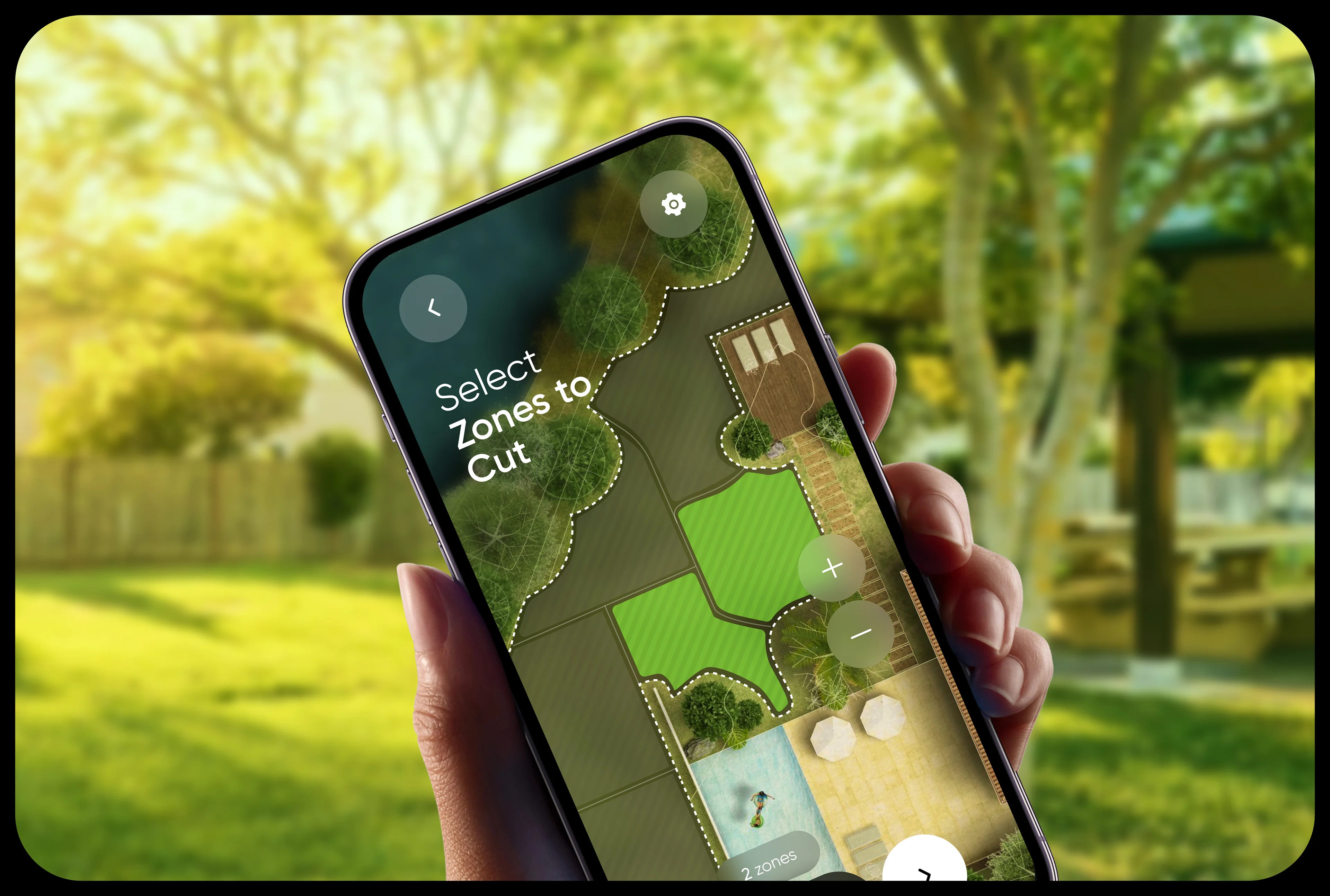 Screenshot of a mobile app for smart home automation, showing controls to "Select Zones to Cut". Screenshot of a mobile app for smart home automation, showing controls to "Select Zones to Cut".