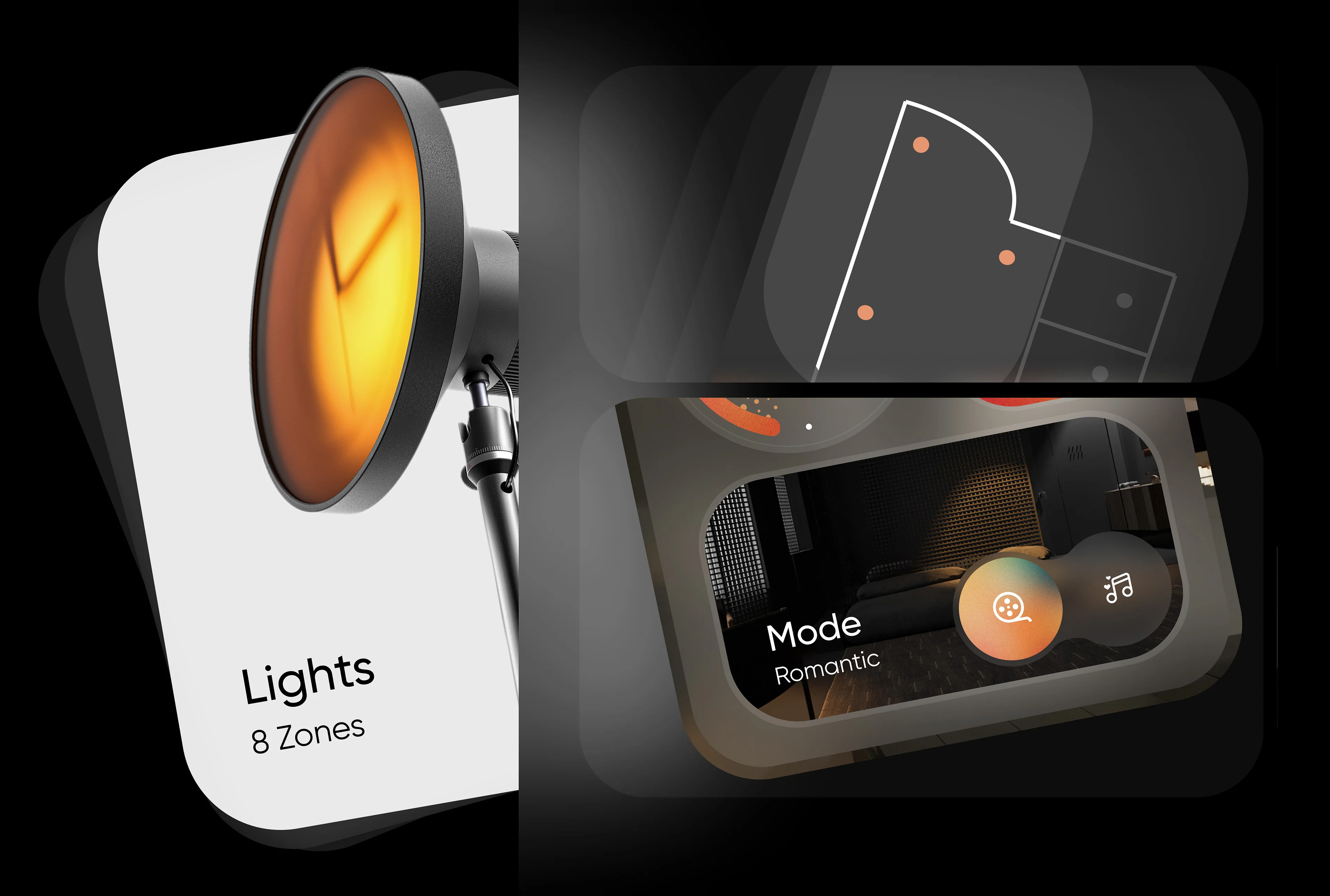 Screenshot of a smarthome app interface controlling lighting zones with 'Romantic' mode selected. Screenshot of a smarthome app interface controlling lighting zones with 'Romantic' mode selected.