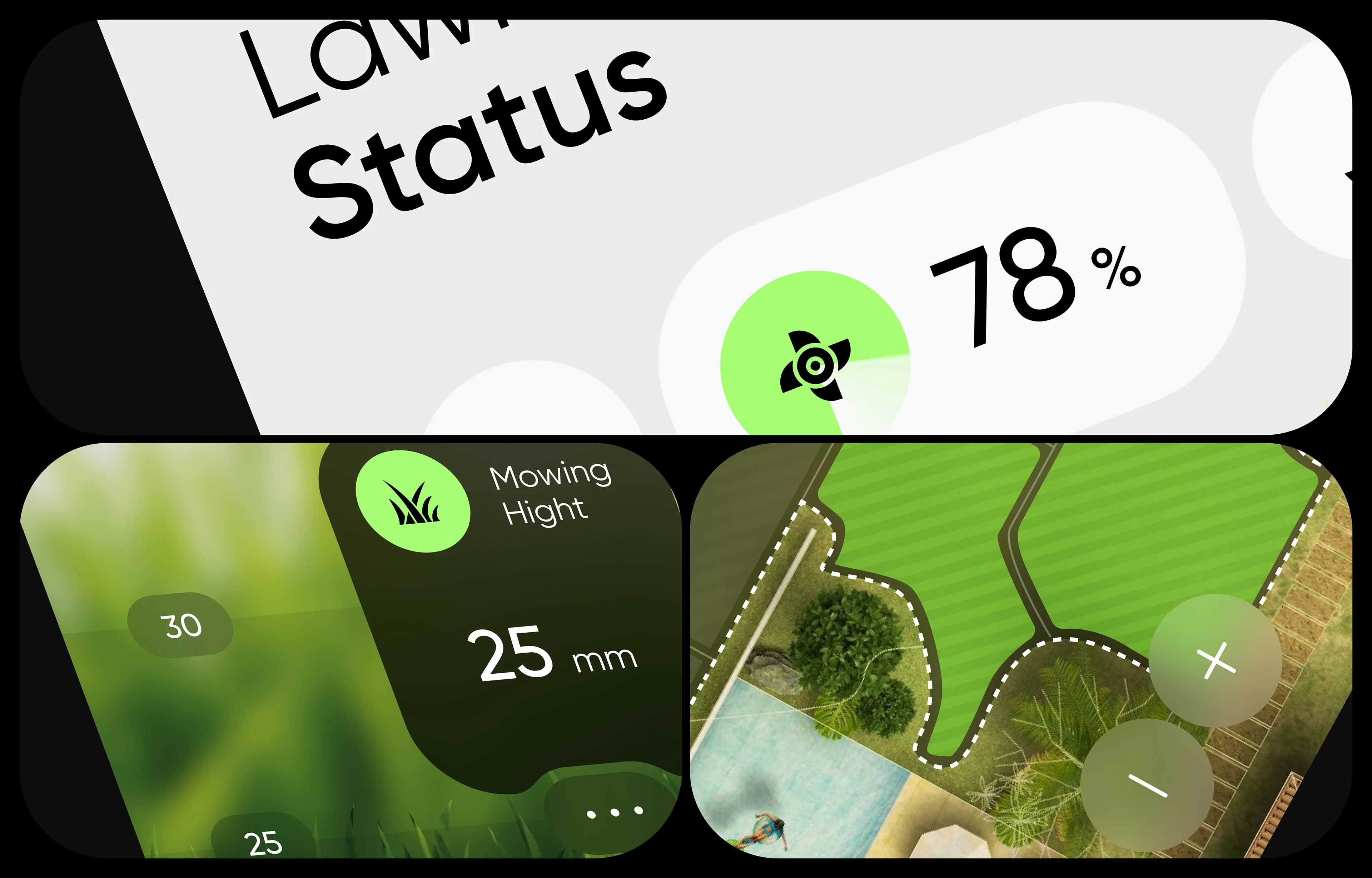 Mobile app screenshot: Home automation interface with map and status information for an automated task like mowing. Mobile app screenshot: Home automation interface with map and status information for an automated task like mowing.