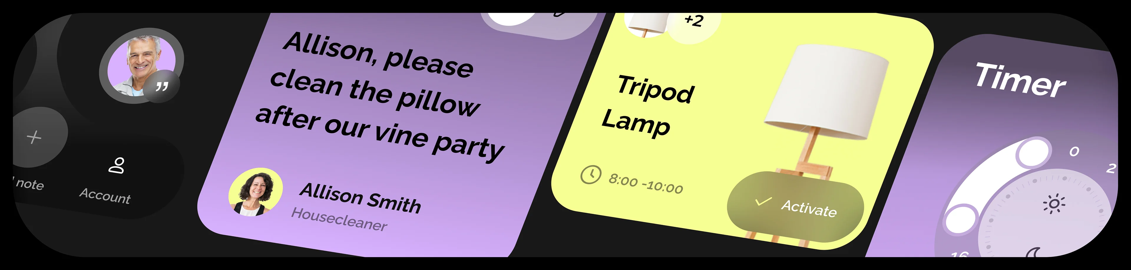 Screenshot of a purple mobile phone display showing a smart home app interface with note and timer functions. Screenshot of a purple mobile phone display showing a smart home app interface with note and timer functions.