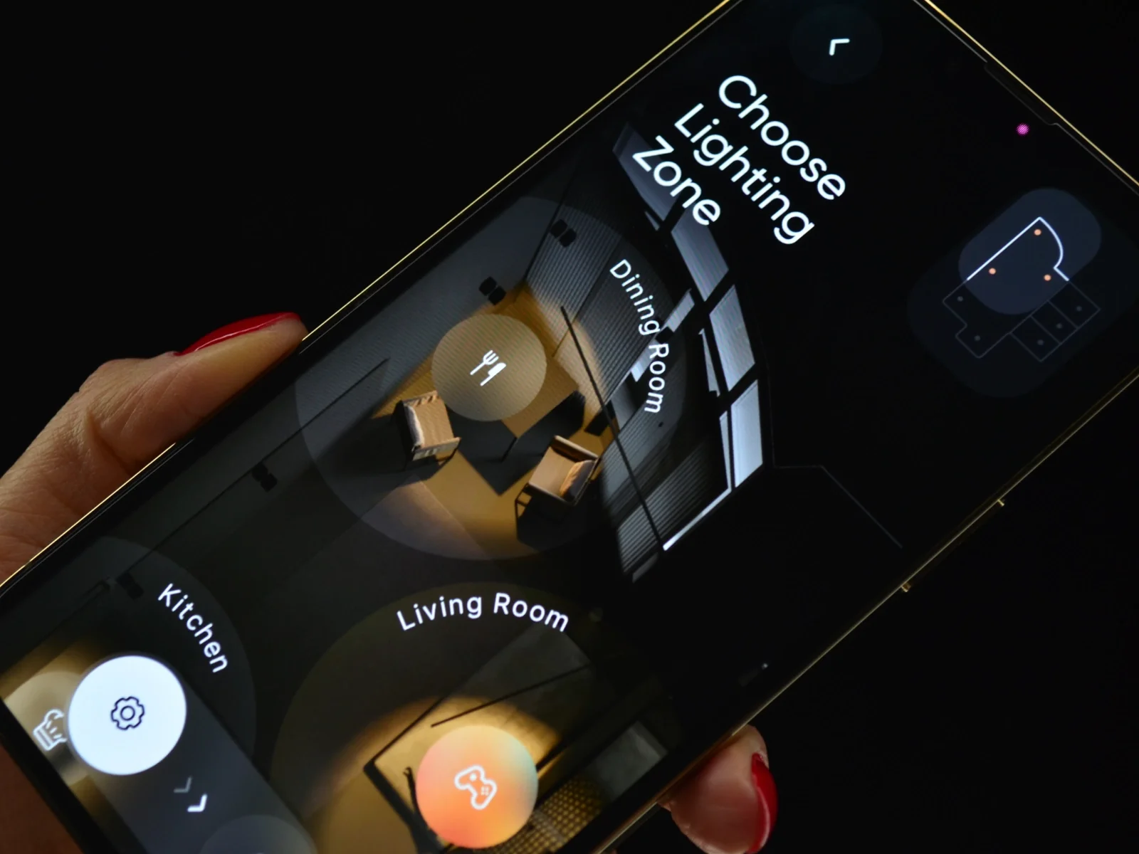 Mobile app design for smarthome lighting control interface, showing room zones to choose.