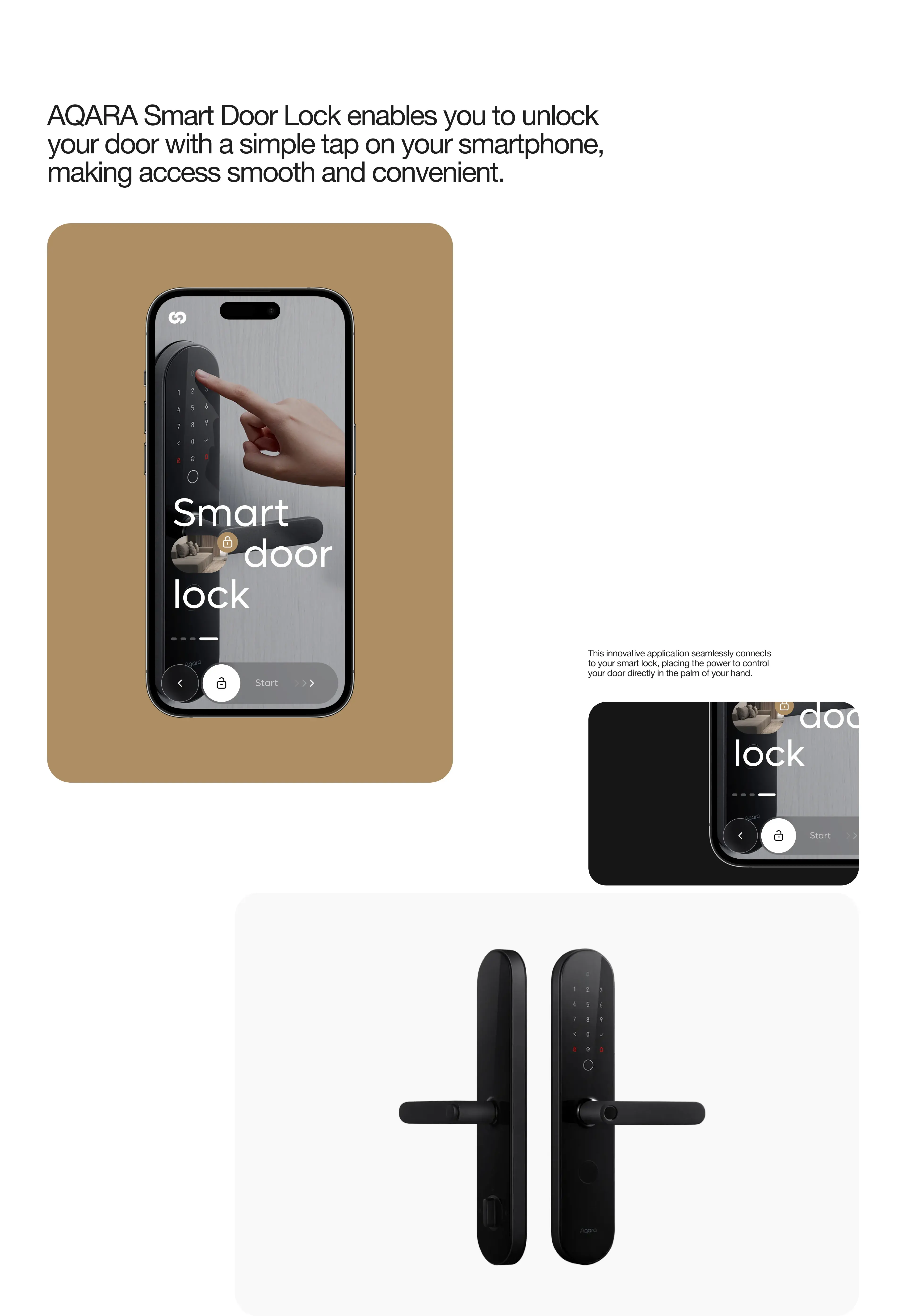 iPhone screen displaying a smart lock app next to a door handle, showing smart home UX/UI design. iPhone screen displaying a smart lock app next to a door handle, showing smart home UX/UI design.