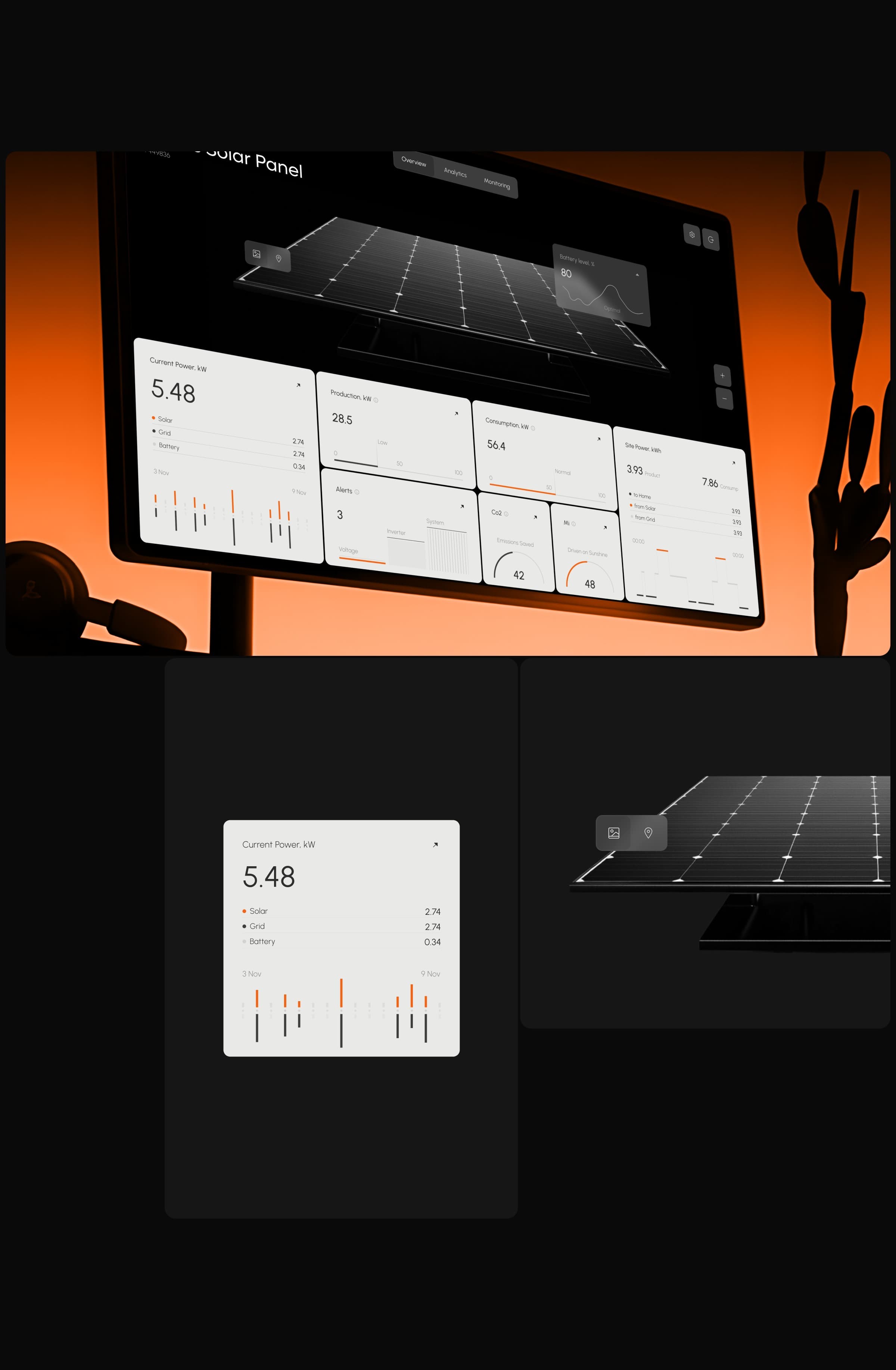 Screenshot of the Solaflux solar energy SaaS app UI on a flat panel display. Screenshot of the Solaflux solar energy SaaS app UI on a flat panel display.
