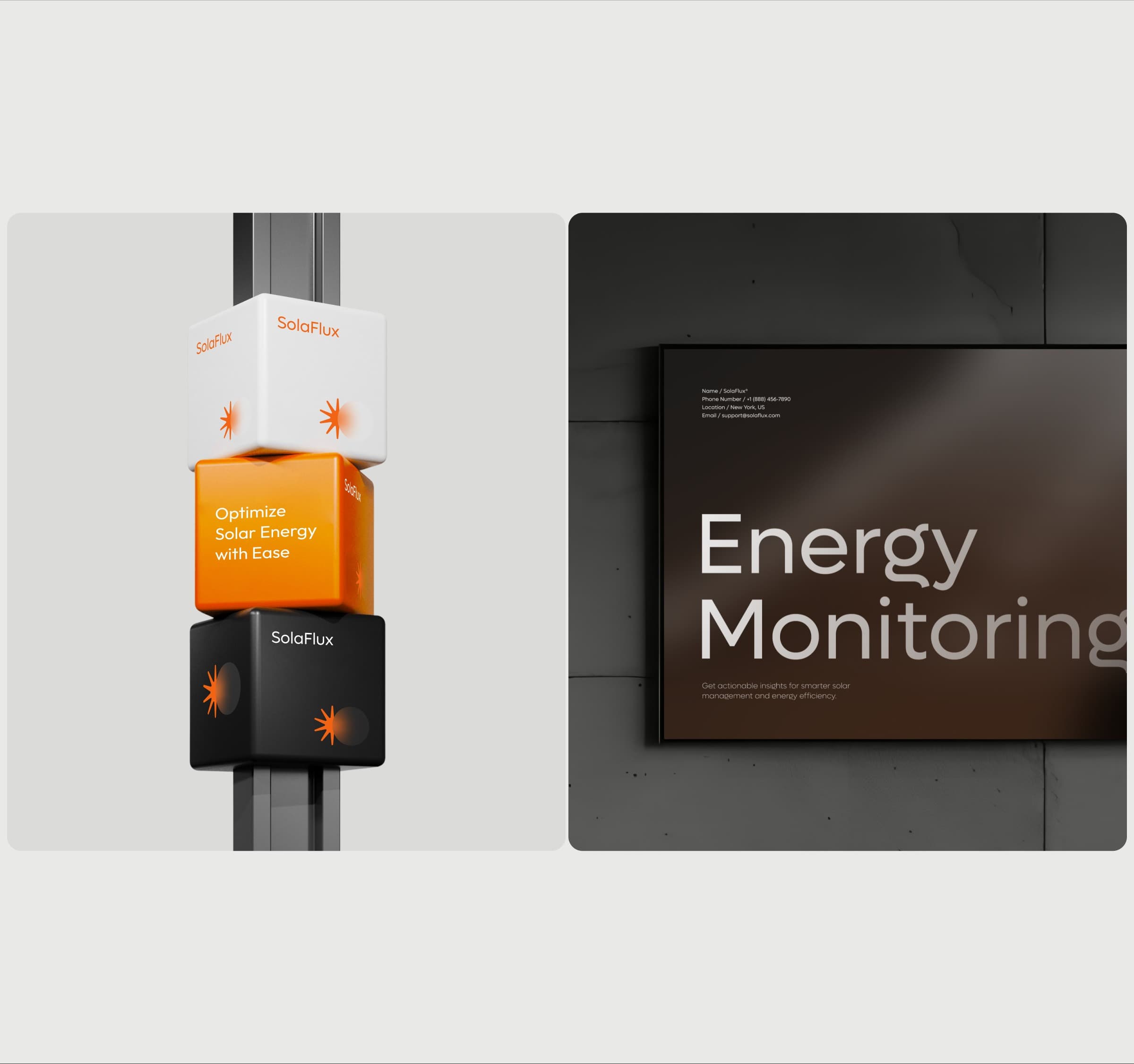 A graphic design mockup showing an orange USB cable and display device, part of the Solaflux case study visuals. A graphic design mockup showing an orange USB cable and display device, part of the Solaflux case study visuals.