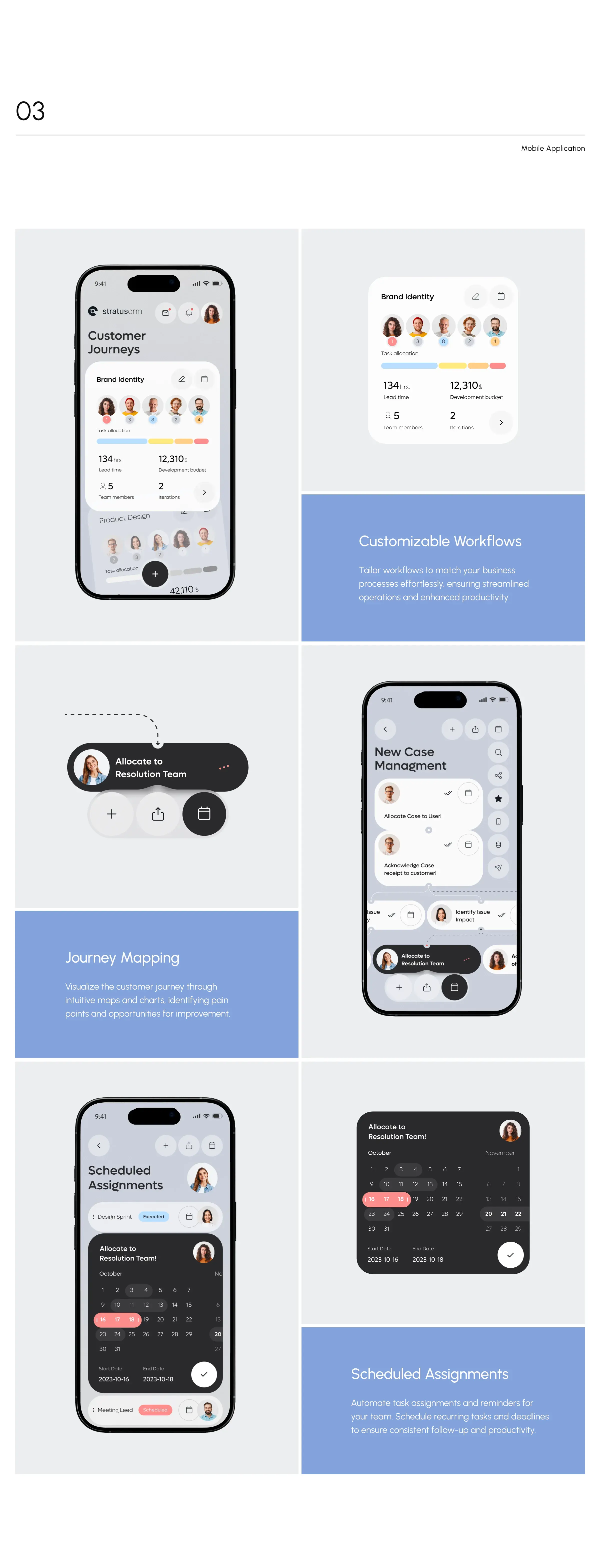 Screenshots of the Stratus CRM mobile app interface on iPhones.