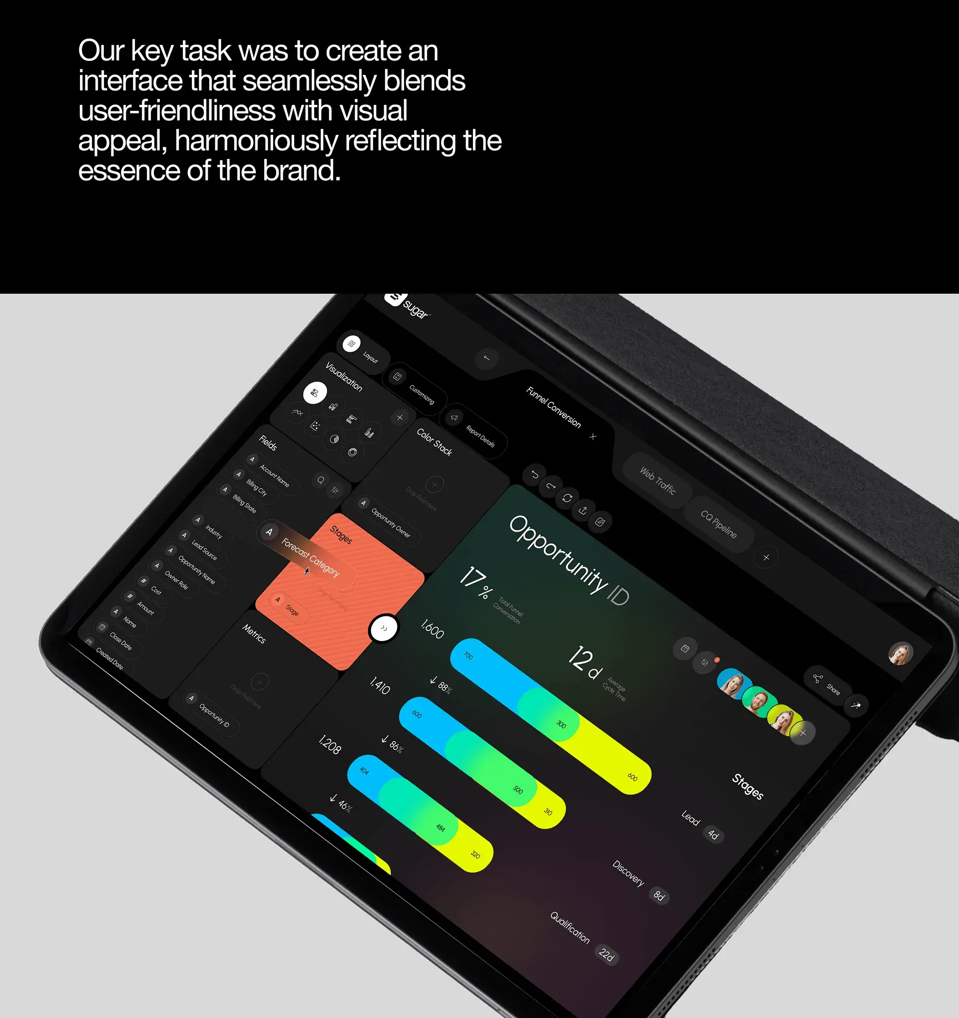 User interface of an enterprise CRM SaaS application displayed on a tablet. User interface of an enterprise CRM SaaS application displayed on a tablet.