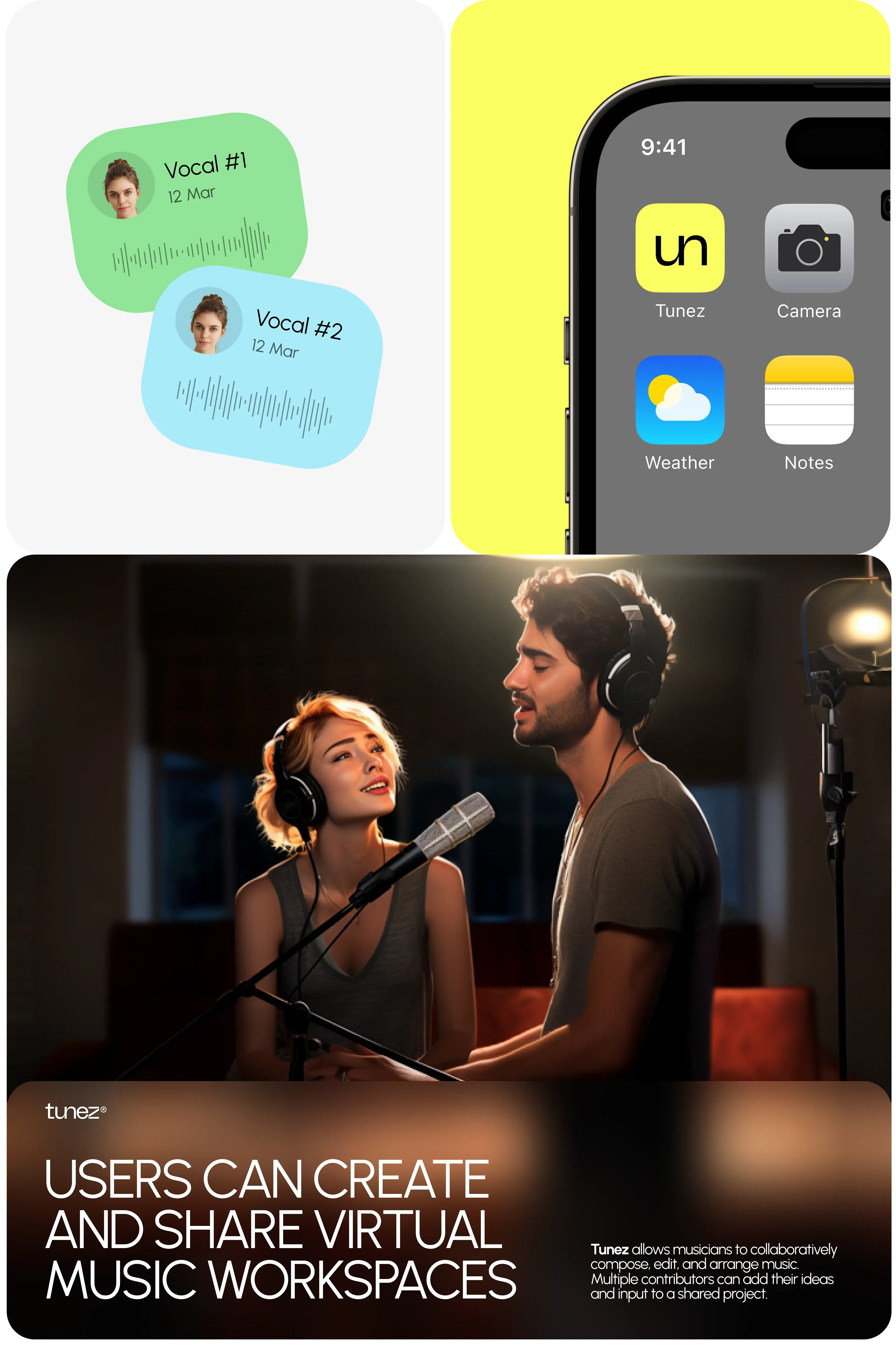 Promotional screenshot of the together-music-maker mobile app showing a happy user. Promotional screenshot of the together-music-maker mobile app showing a happy user.