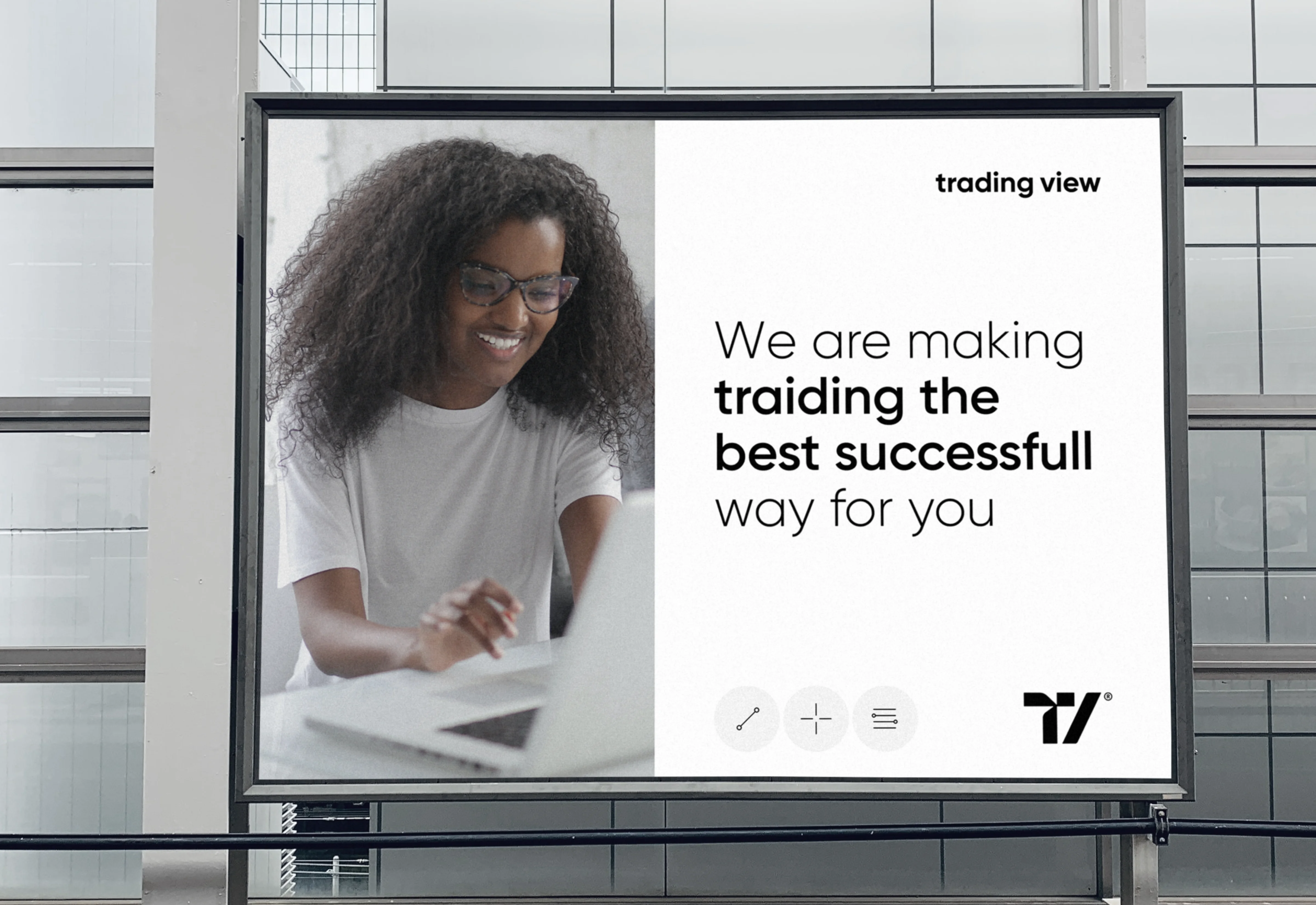 Billboard mockup showing a TradingView ad with text promoting successful trading. Billboard mockup showing a TradingView ad with text promoting successful trading.