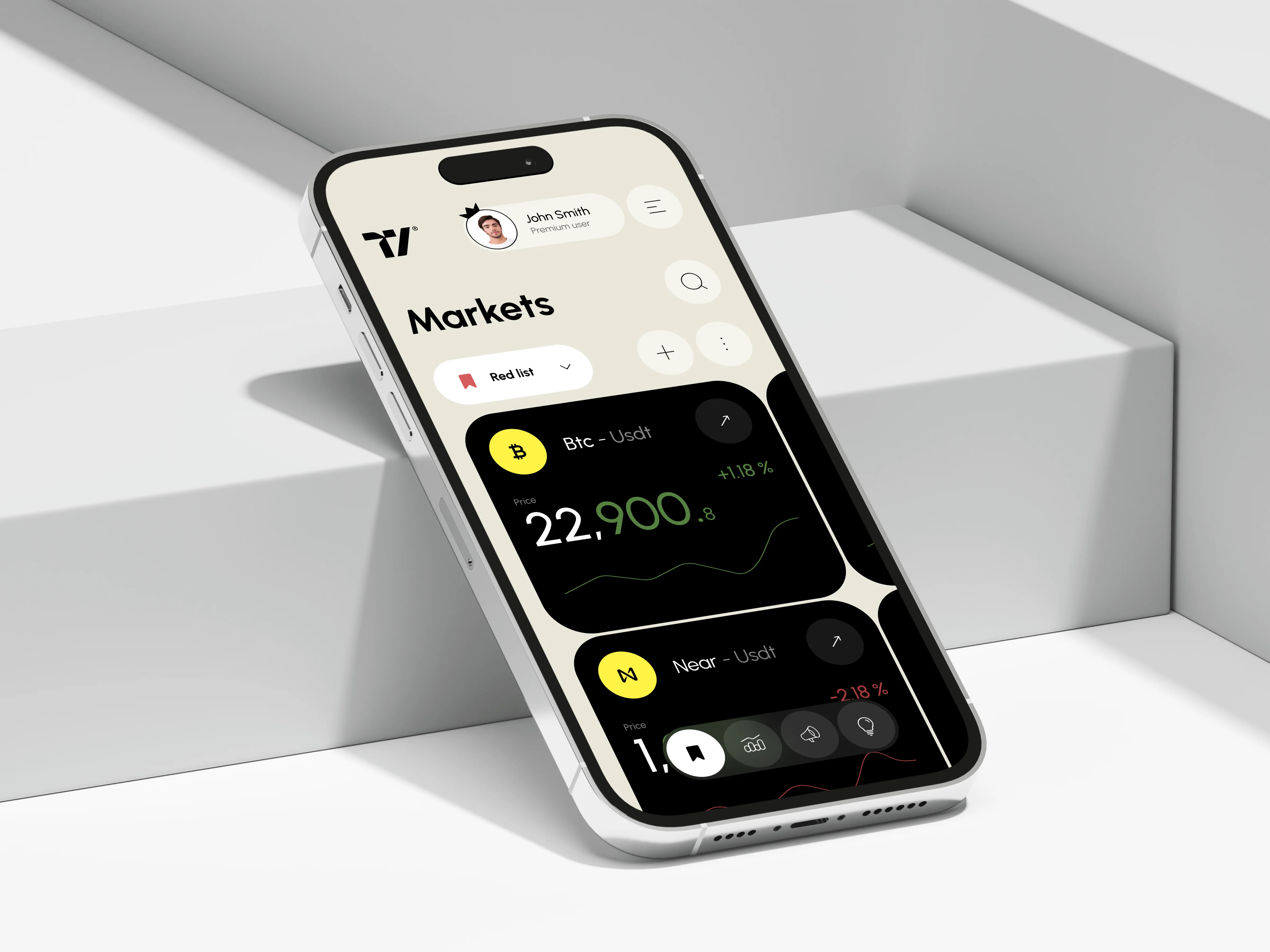 Screenshot of a mobile trading platform interface on a phone, displaying cryptocurrency market data and user information. Screenshot of a mobile trading platform interface on a phone, displaying cryptocurrency market data and user information.