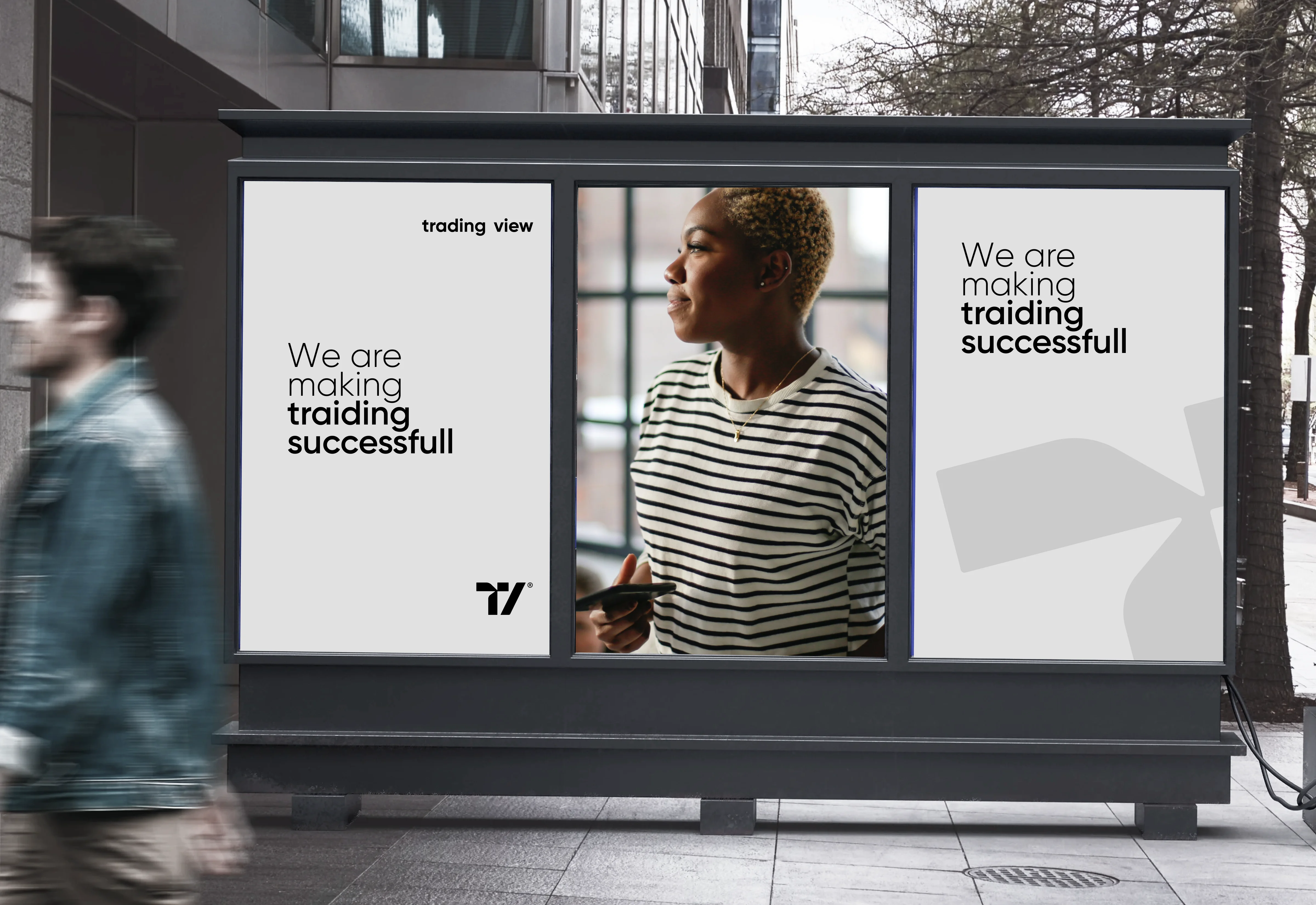 Outdoor advertising mockup for the TradingView platform, featuring its message about making trading successful. Outdoor advertising mockup for the TradingView platform, featuring its message about making trading successful.