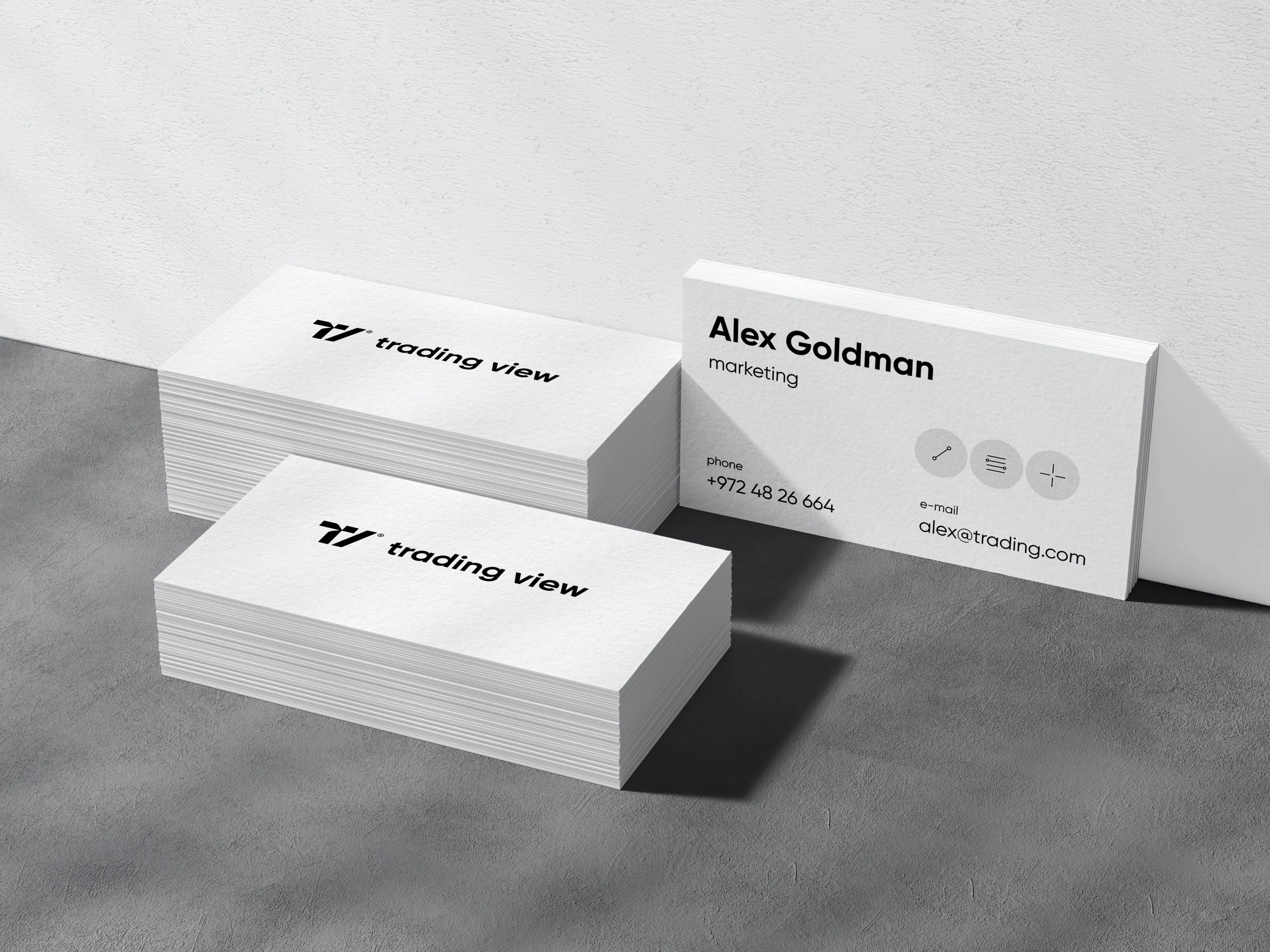 A stationery design mockup featuring a business card for TradingView's Alex Goldman. A stationery design mockup featuring a business card for TradingView's Alex Goldman.