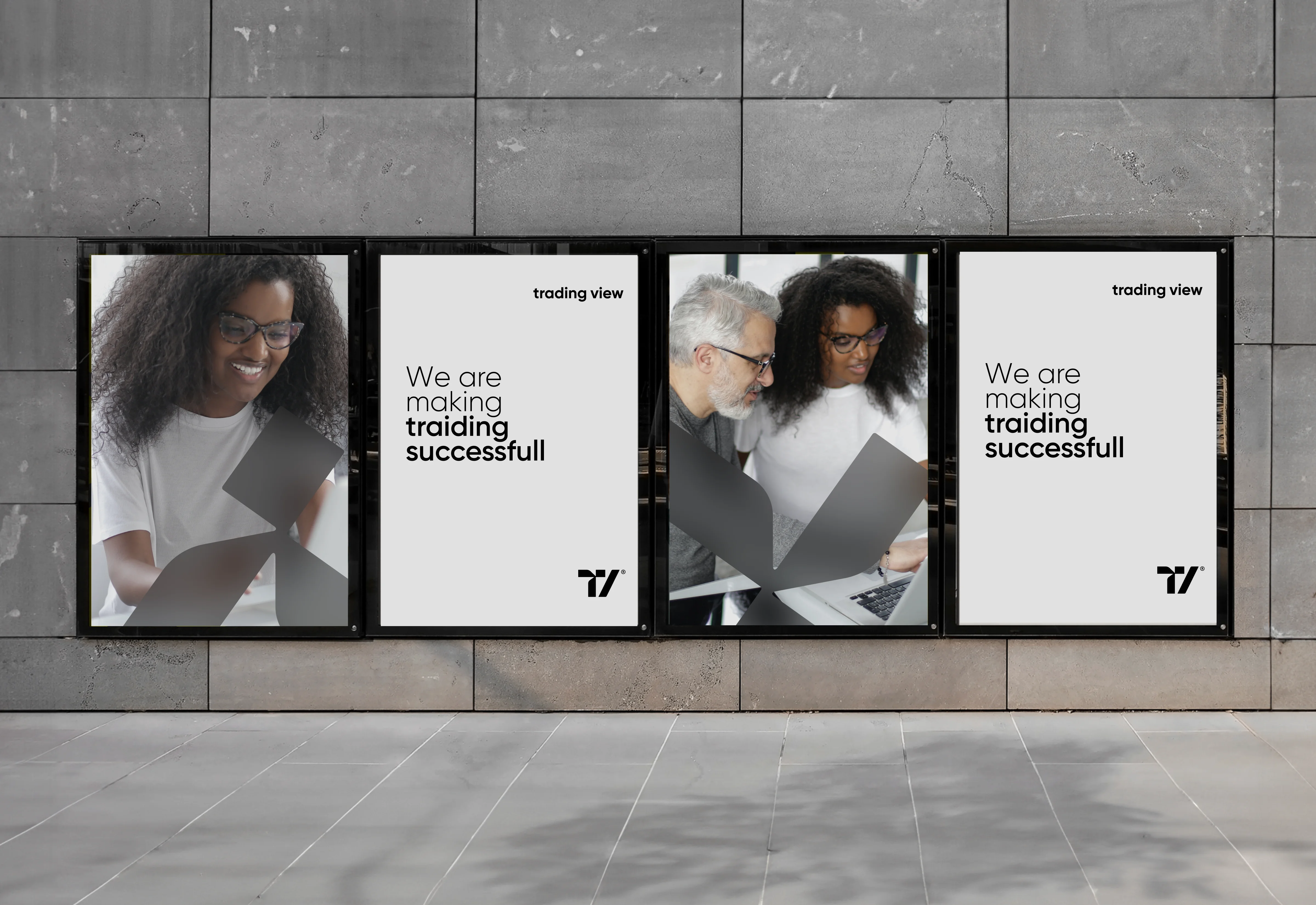 Advertising graphic for TradingView platform showing people and slogan "We are making trading successful". Advertising graphic for TradingView platform showing people and slogan "We are making trading successful".