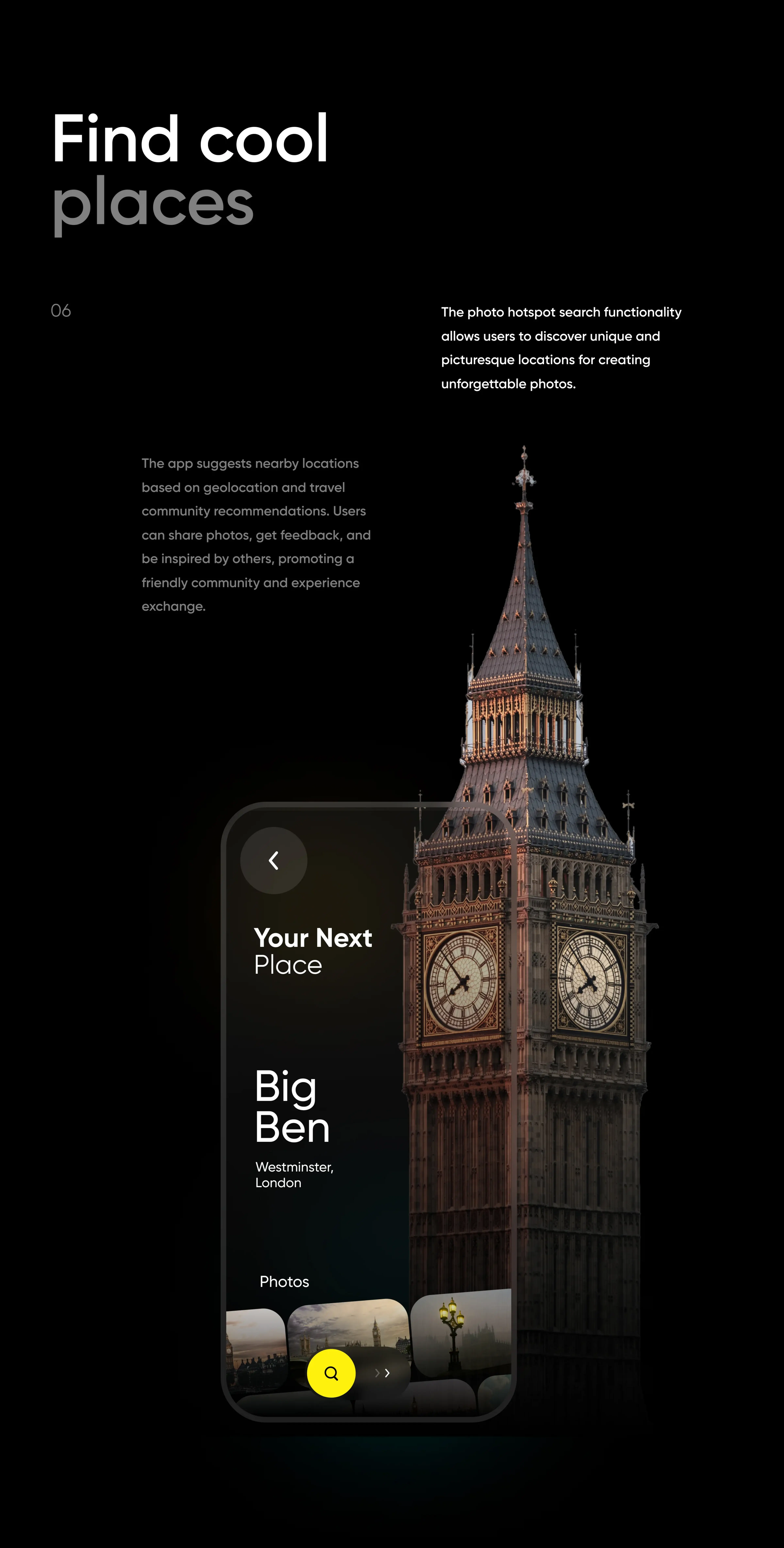 Screenshot of a travel service mobile app on a phone showing a landmark. Screenshot of a travel service mobile app on a phone showing a landmark.