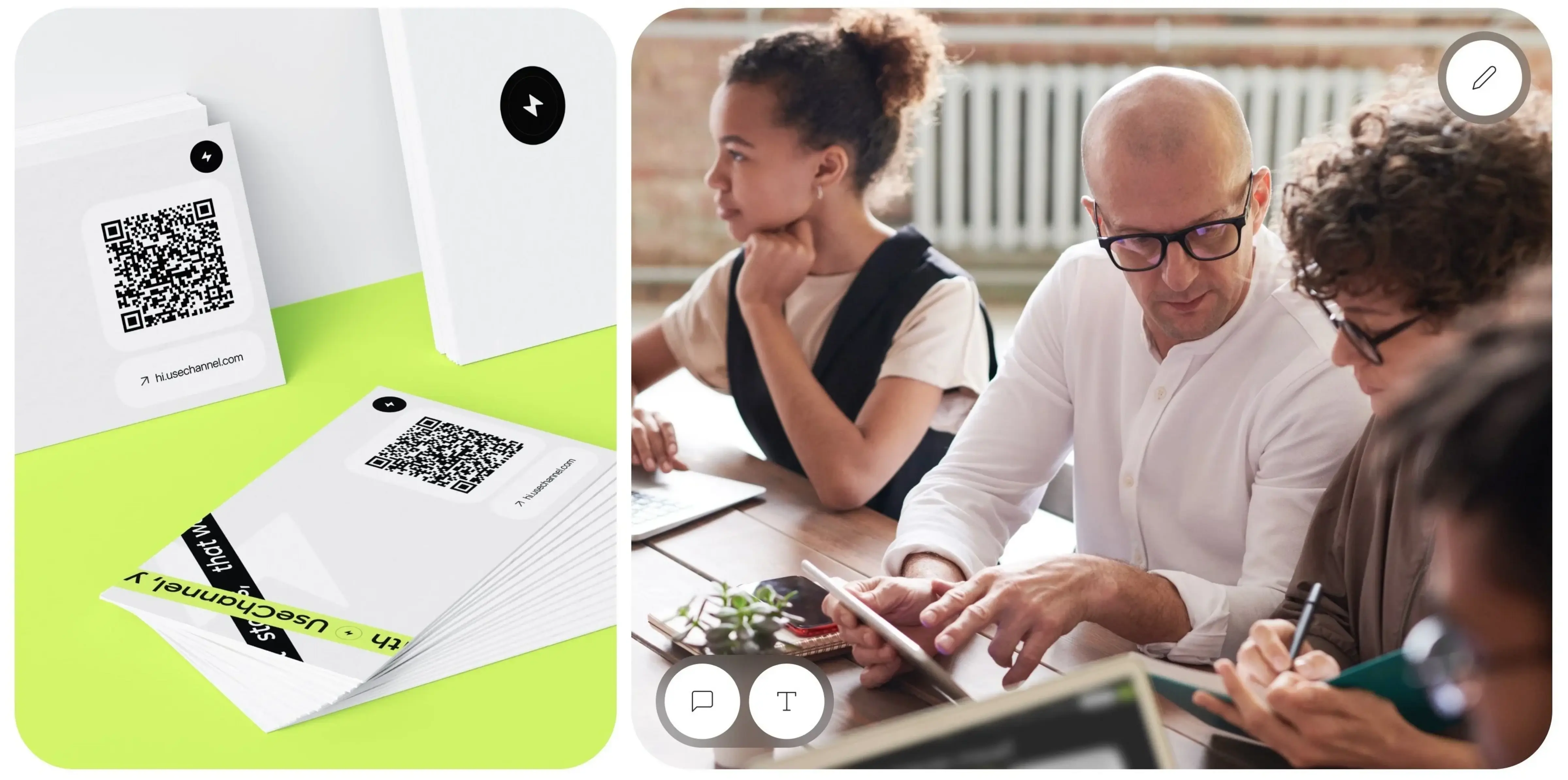 Concept design artwork featuring a person with glasses, UseChannel branding, and a QR code for the AI chatbot platform. Concept design artwork featuring a person with glasses, UseChannel branding, and a QR code for the AI chatbot platform.
