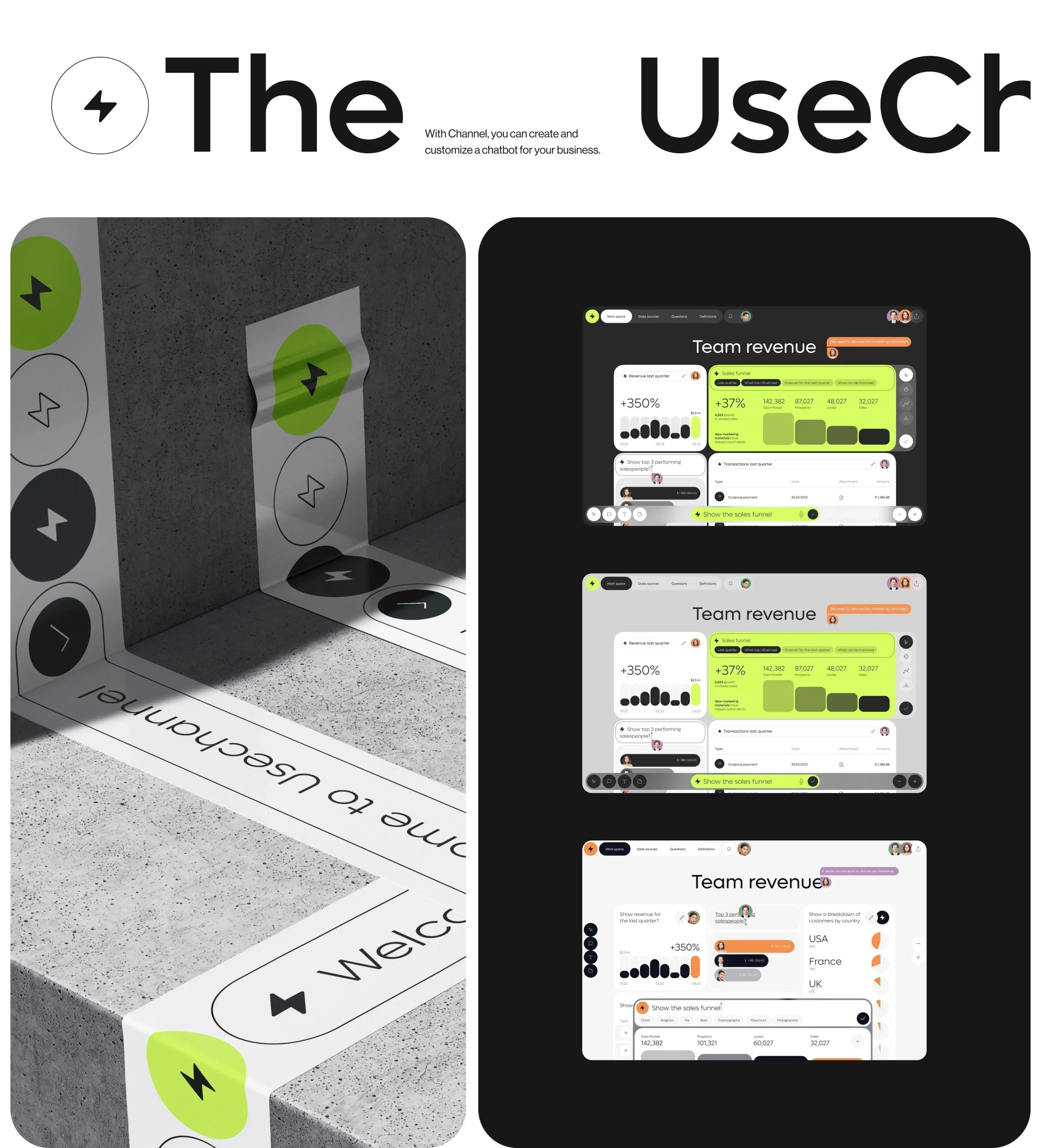Screenshot concept design for the usechannel online AI chatbot platform interface with a meter graphic. Screenshot concept design for the usechannel online AI chatbot platform interface with a meter graphic.