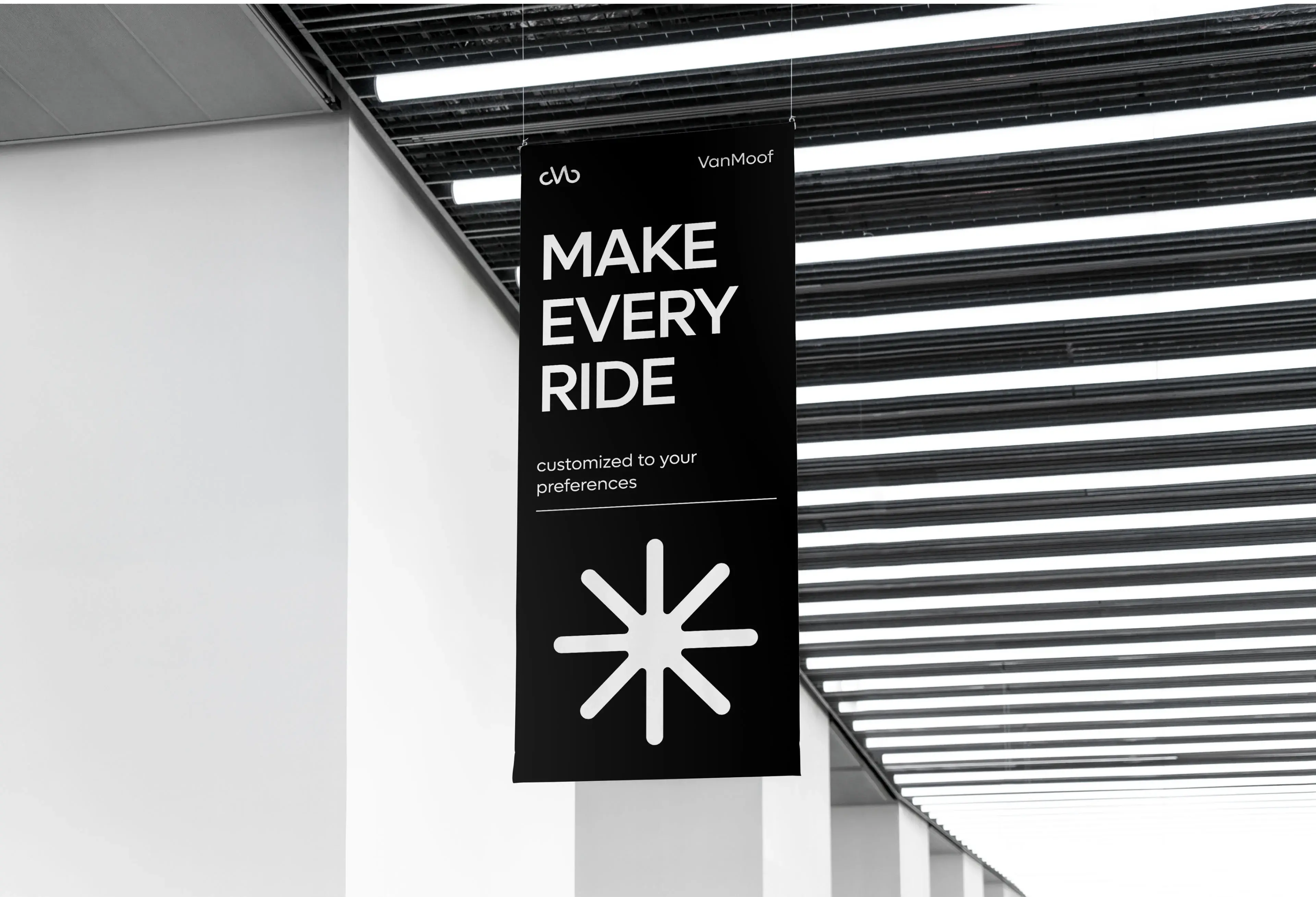 Mockup of a hanging banner advertising VanMoof, featuring text "MAKE EVERY RIDE customized to your preferences". Mockup of a hanging banner advertising VanMoof, featuring text "MAKE EVERY RIDE customized to your preferences".