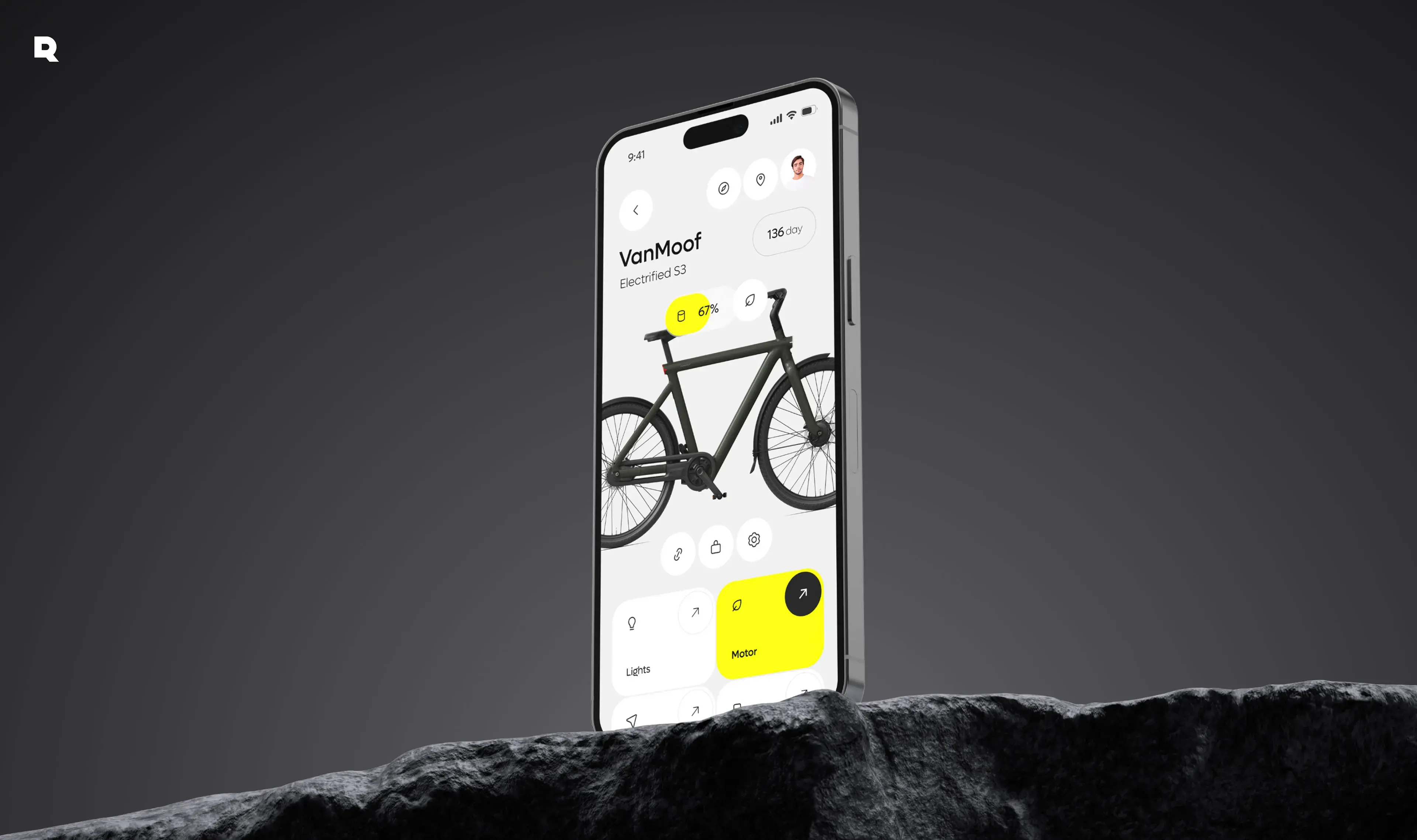 Screenshot of the VanMoof mobile app interface for the Electrified S3 bike on an iPhone, showing battery level.