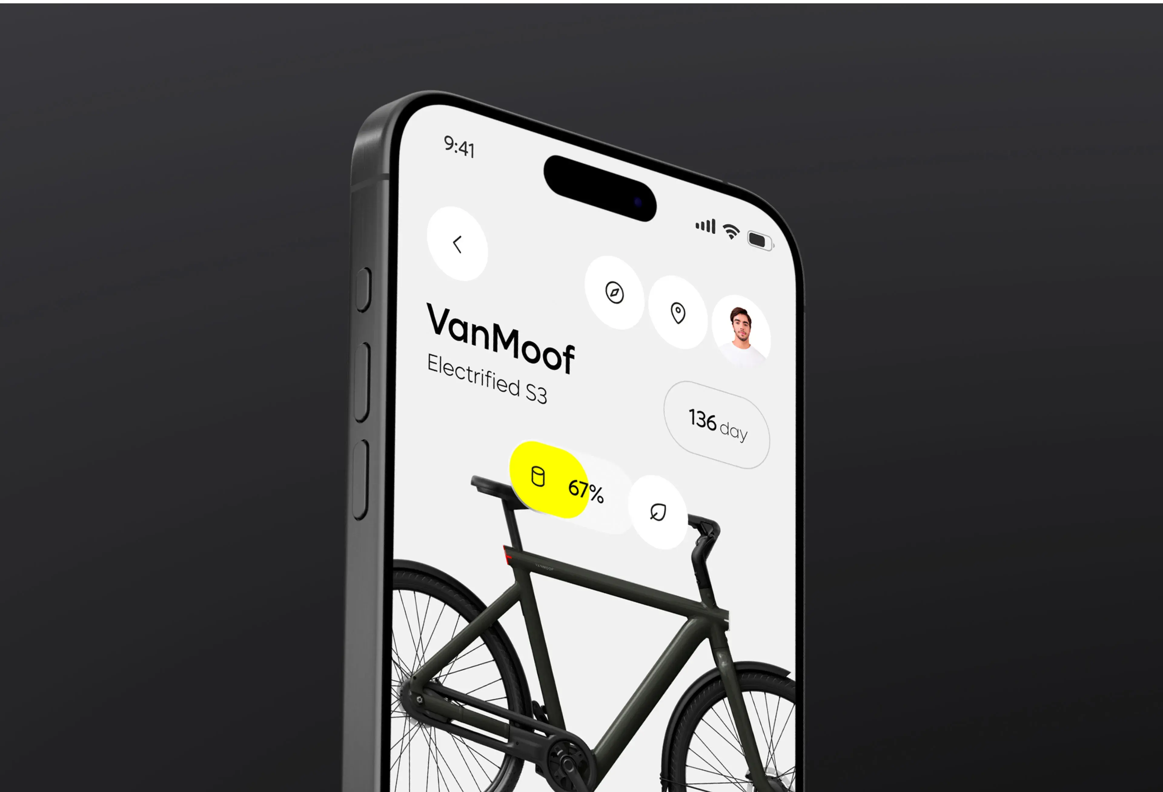 Smartphone displaying the VanMoof mobile app interface for the Electrified S3 bike. Smartphone displaying the VanMoof mobile app interface for the Electrified S3 bike.