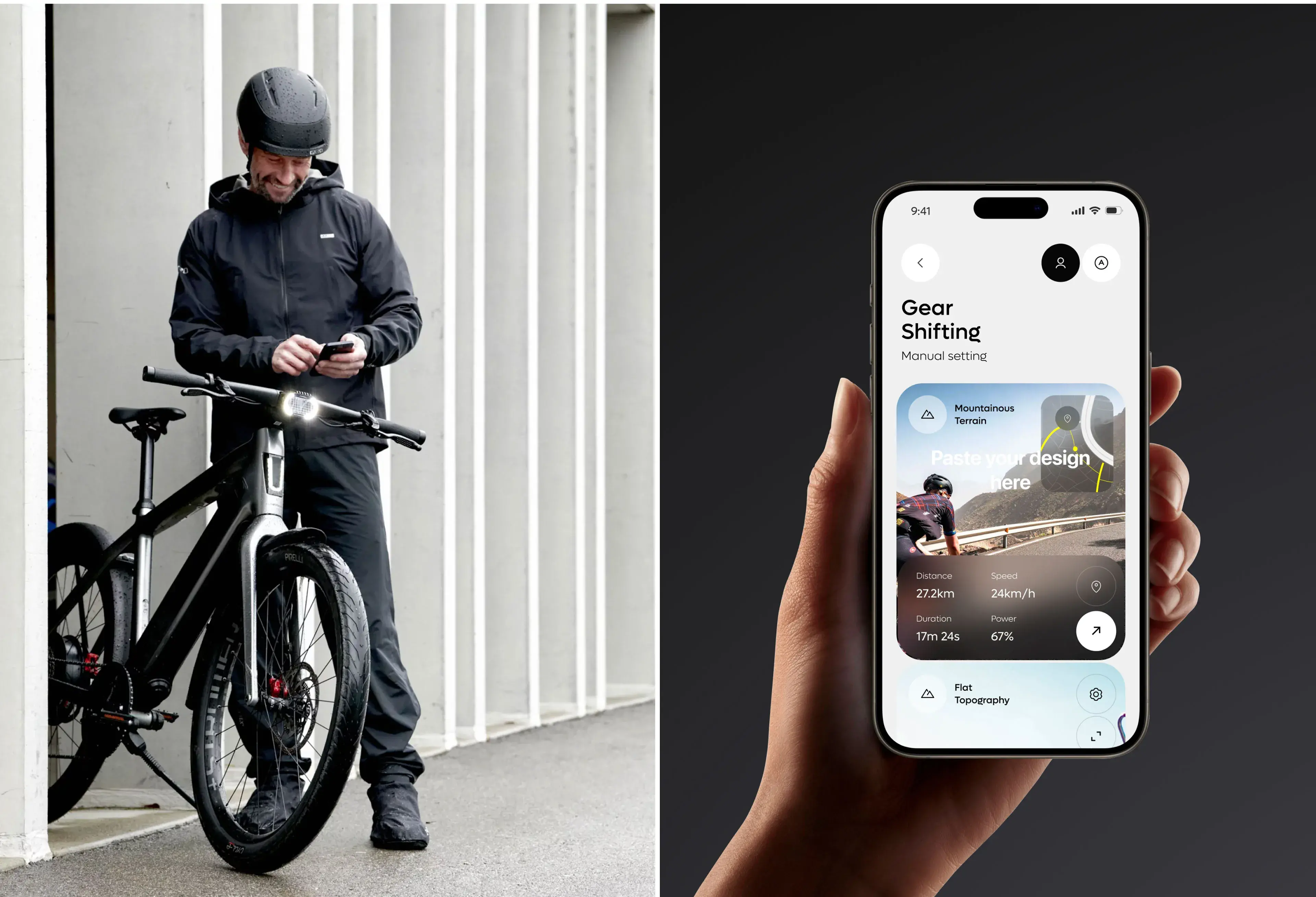 Person holding a phone showing the VanMoof app near a VanMoof electric bike. Person holding a phone showing the VanMoof app near a VanMoof electric bike.