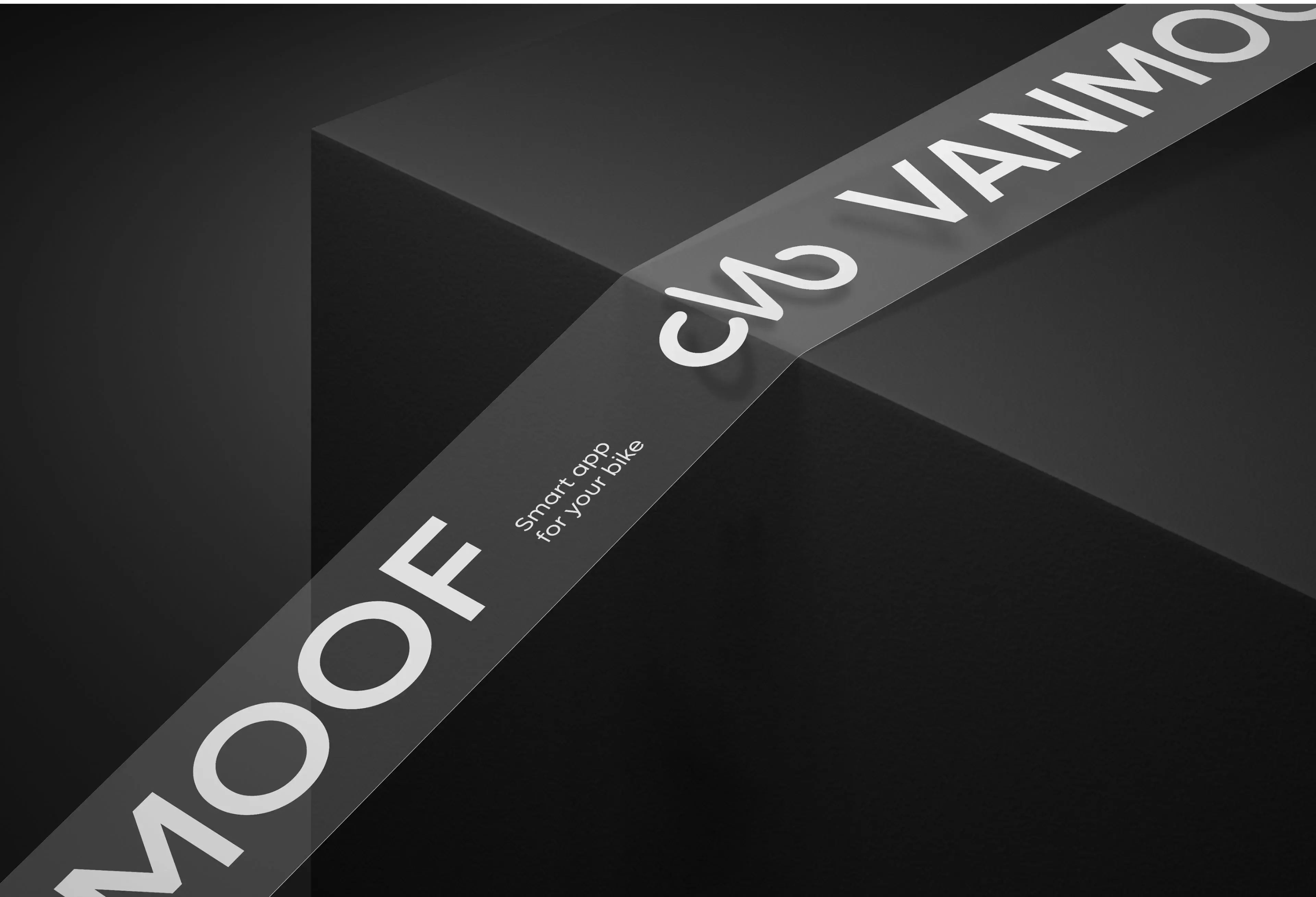 Monochrome graphic with VanMoof branding and text "MOOF for your bike Smart app". Monochrome graphic with VanMoof branding and text "MOOF for your bike Smart app".