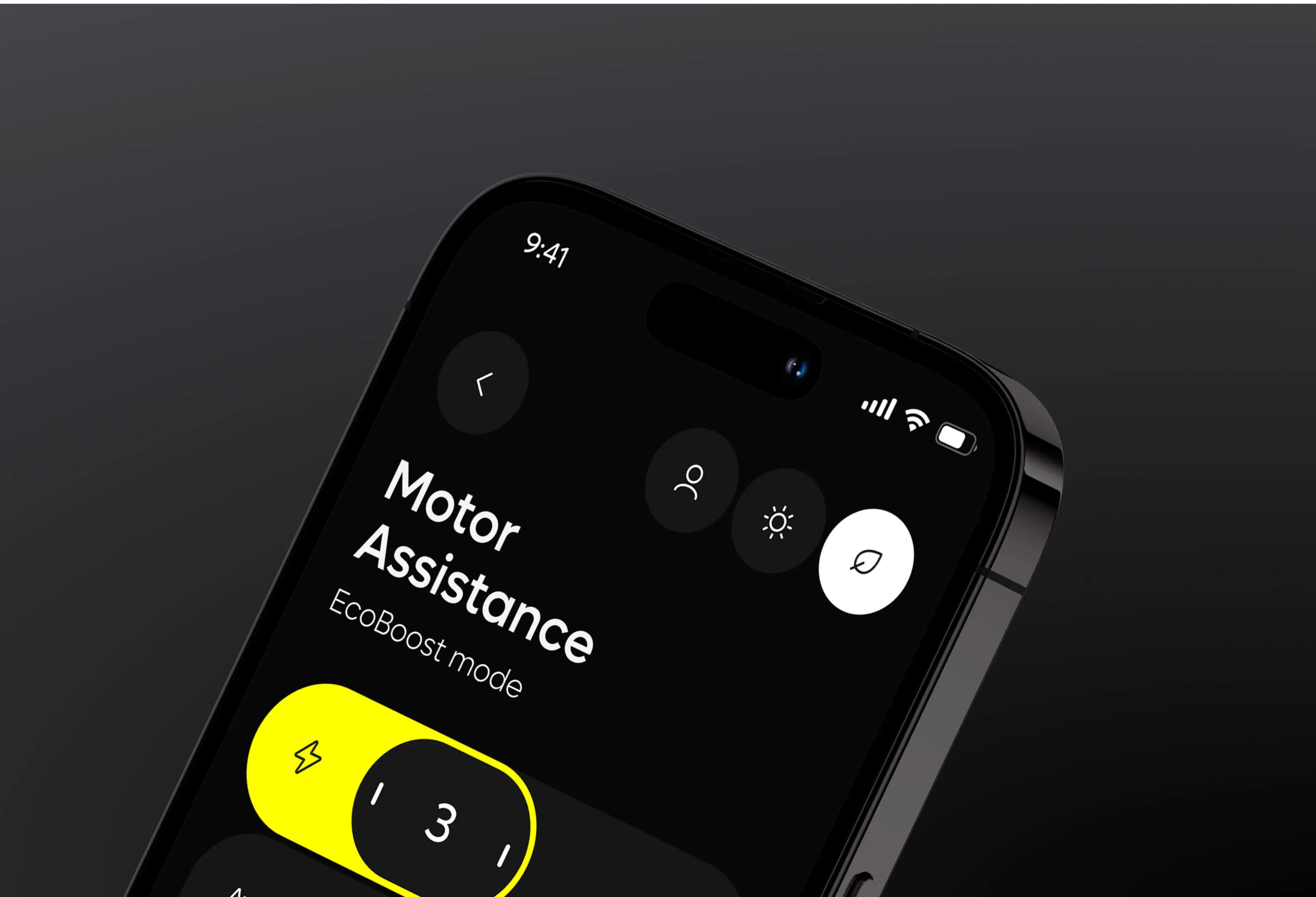 Screenshot of a mobile app interface showing vehicle settings like Motor Assistance and EcoBoost mode. Screenshot of a mobile app interface showing vehicle settings like Motor Assistance and EcoBoost mode.