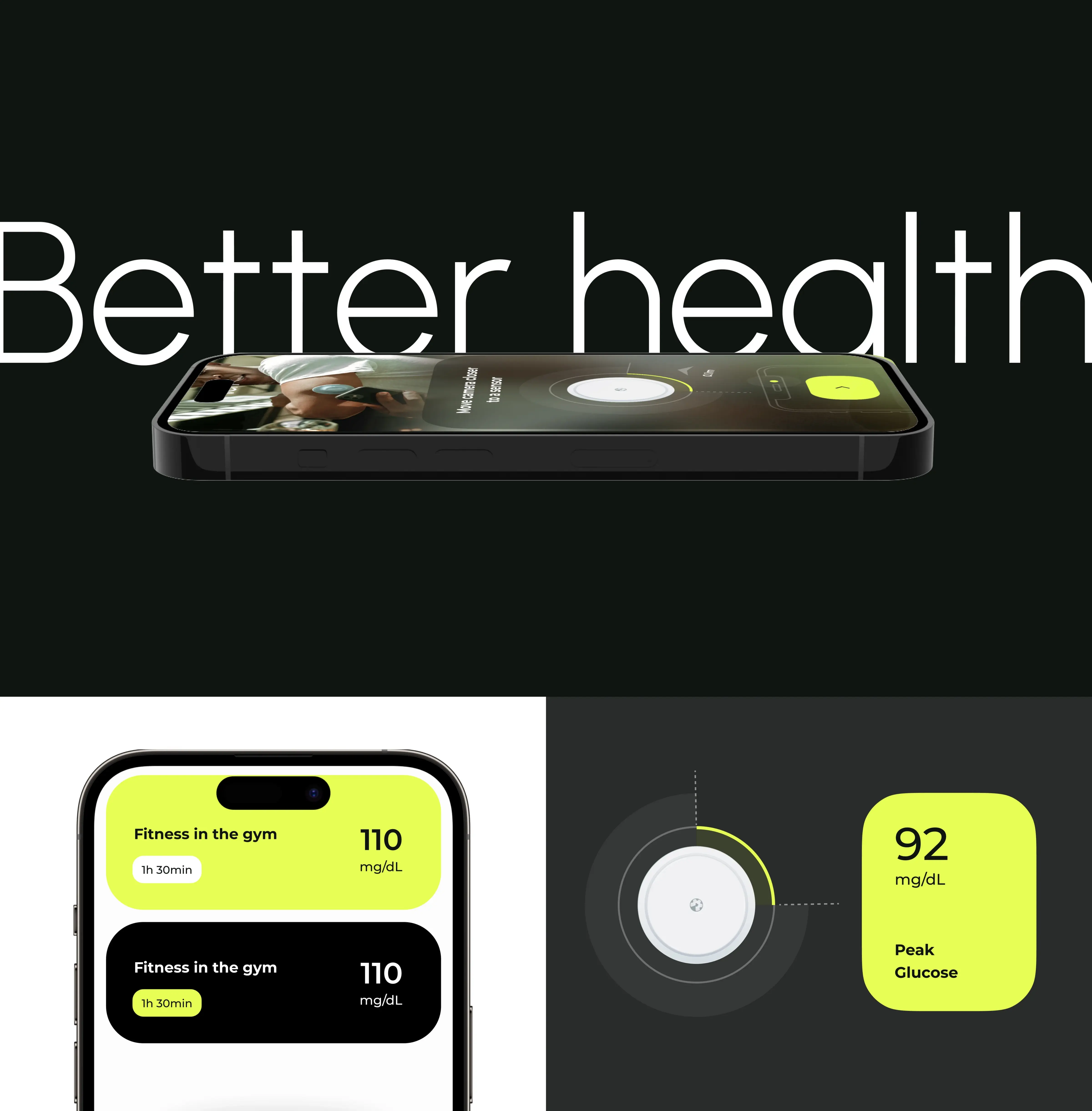 Screenshot of a healthcare mobile app interface showing fitness activity and a 110 mg/dL glucose reading. Screenshot of a healthcare mobile app interface showing fitness activity and a 110 mg/dL glucose reading.